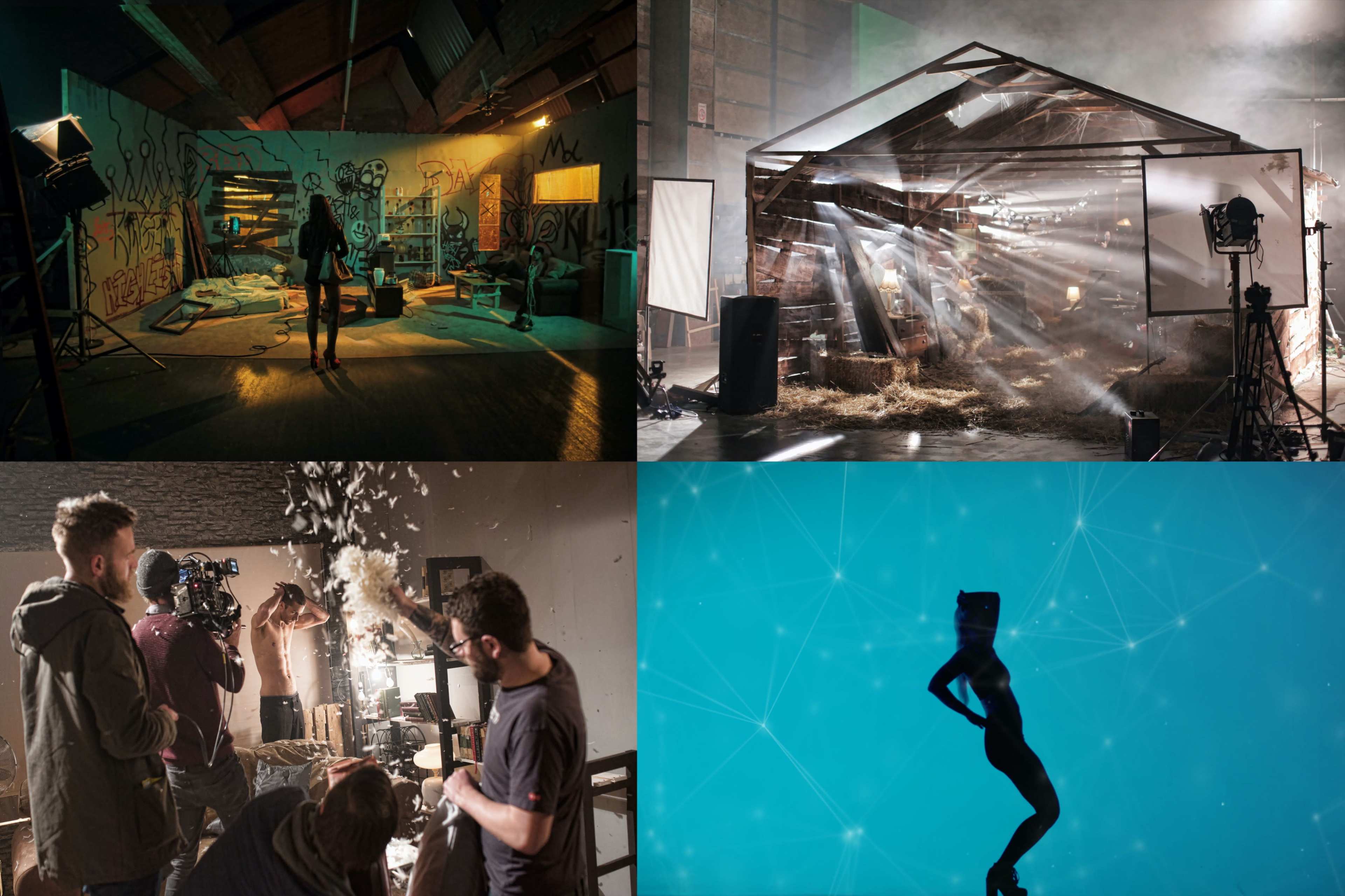 Four different scenes: an artist performing in a graffiti-decorated room, a structured set with atmospheric lighting, a film crew working with special effects, and a silhouette of a model against a blue backdrop.