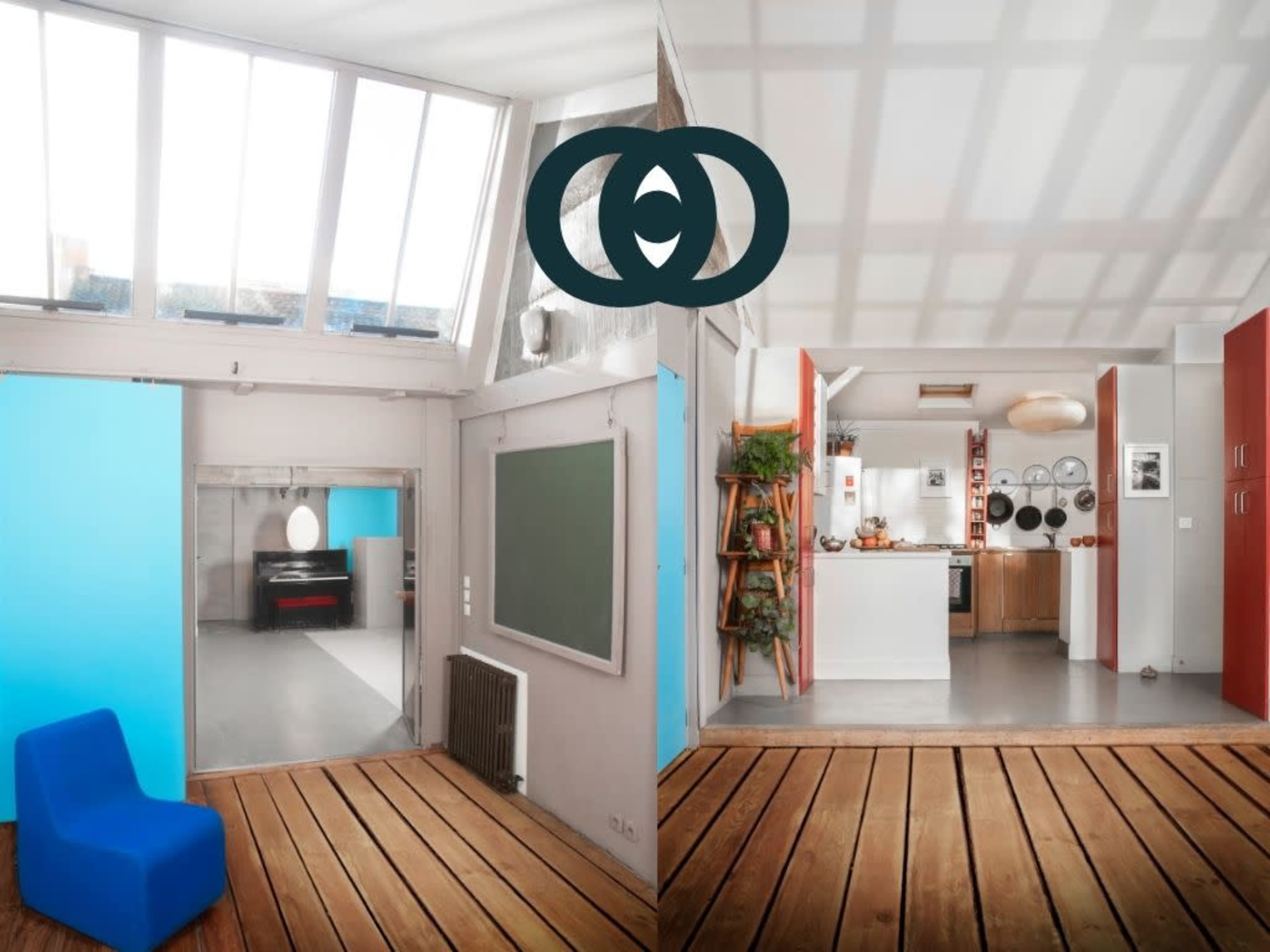 The image shows a bright, modern interior space split into two sections, featuring large windows, a blue chair, wooden flooring, and a kitchen area with contemporary appliances.