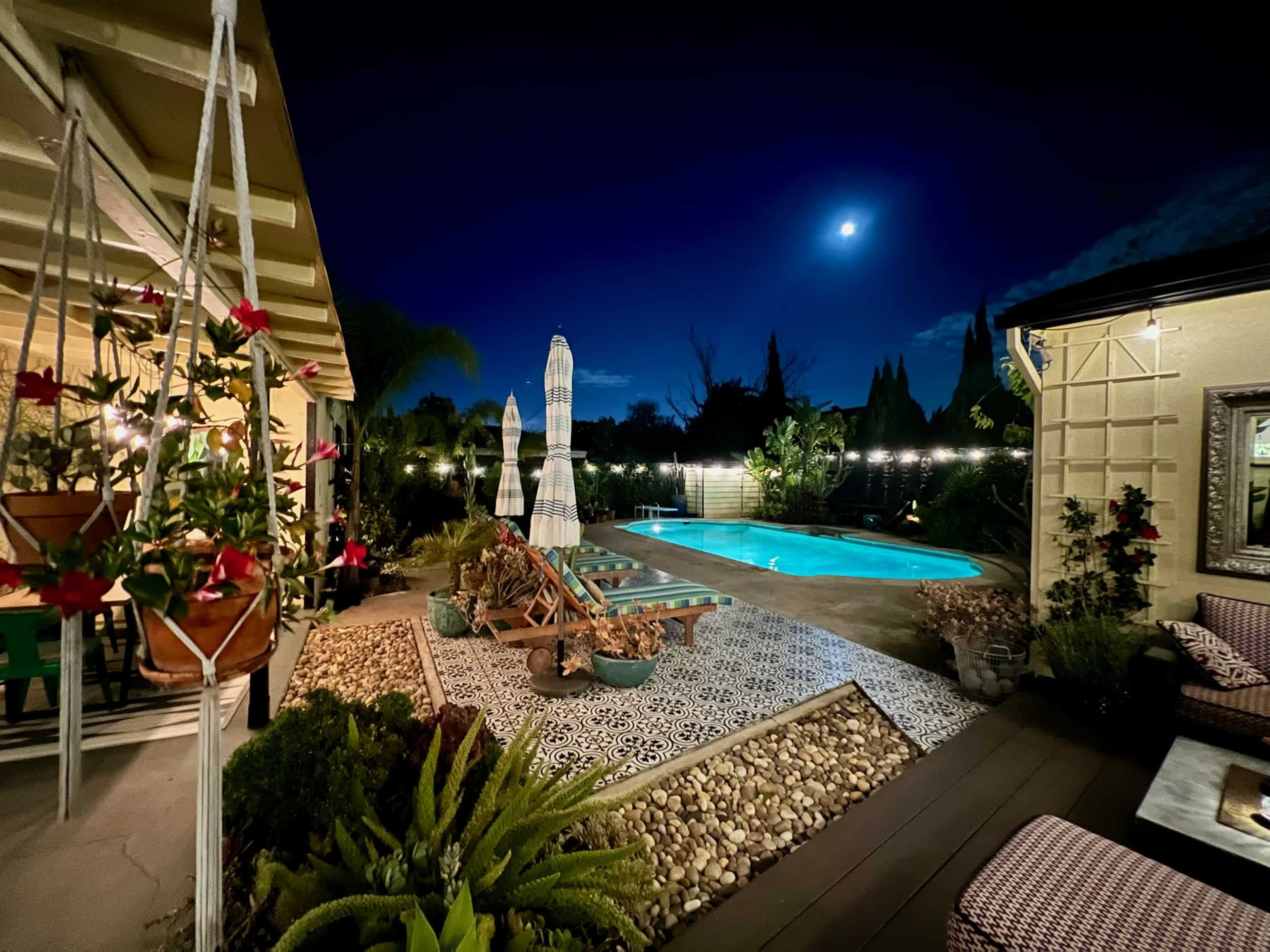 The scene features a well-lit backyard at night with a swimming pool, decorative landscaping, and a clear moon in the sky.