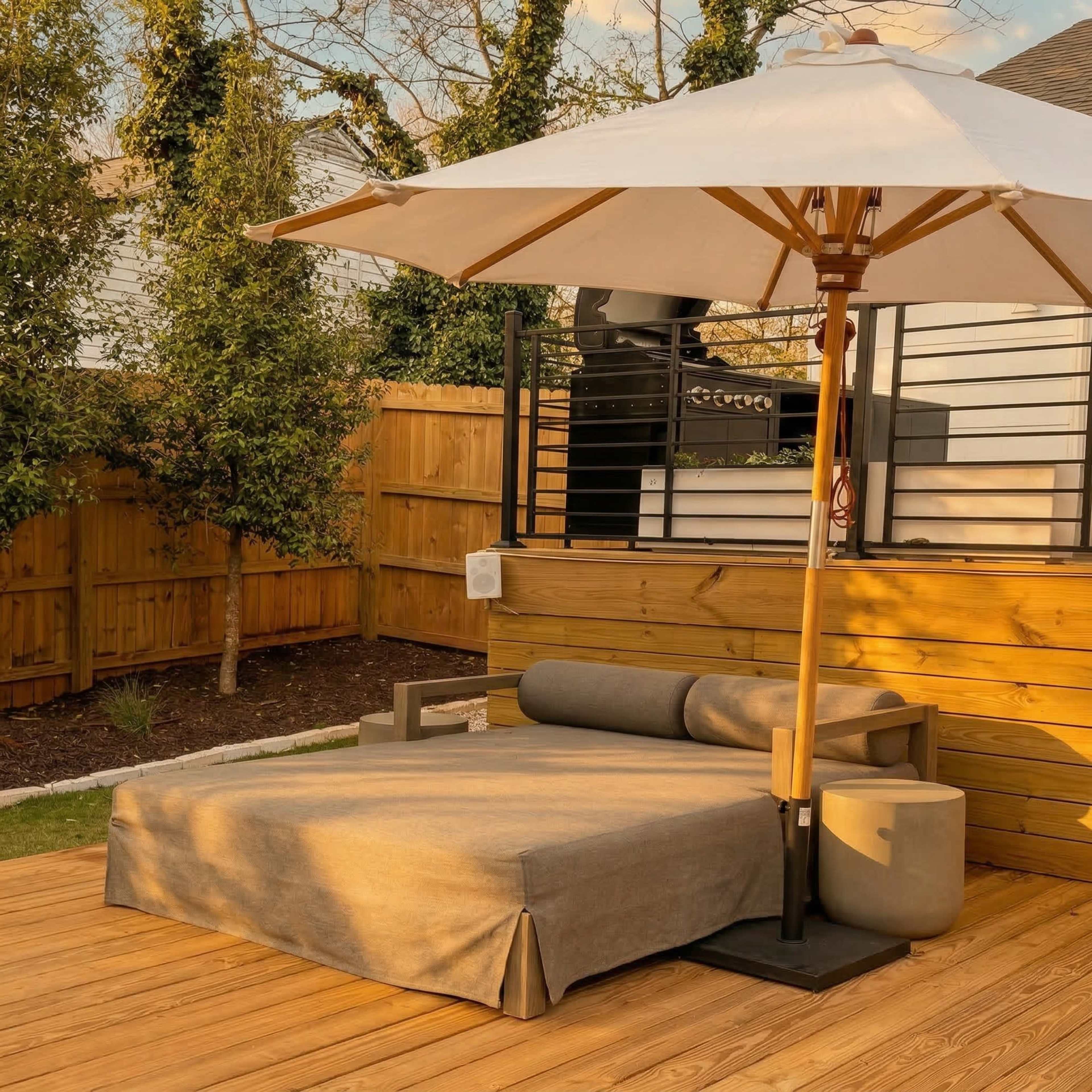 A large outdoor daybed with a cushion and a side table is situated on a wooden deck under a white umbrella, surrounded by green foliage and wooden fencing.