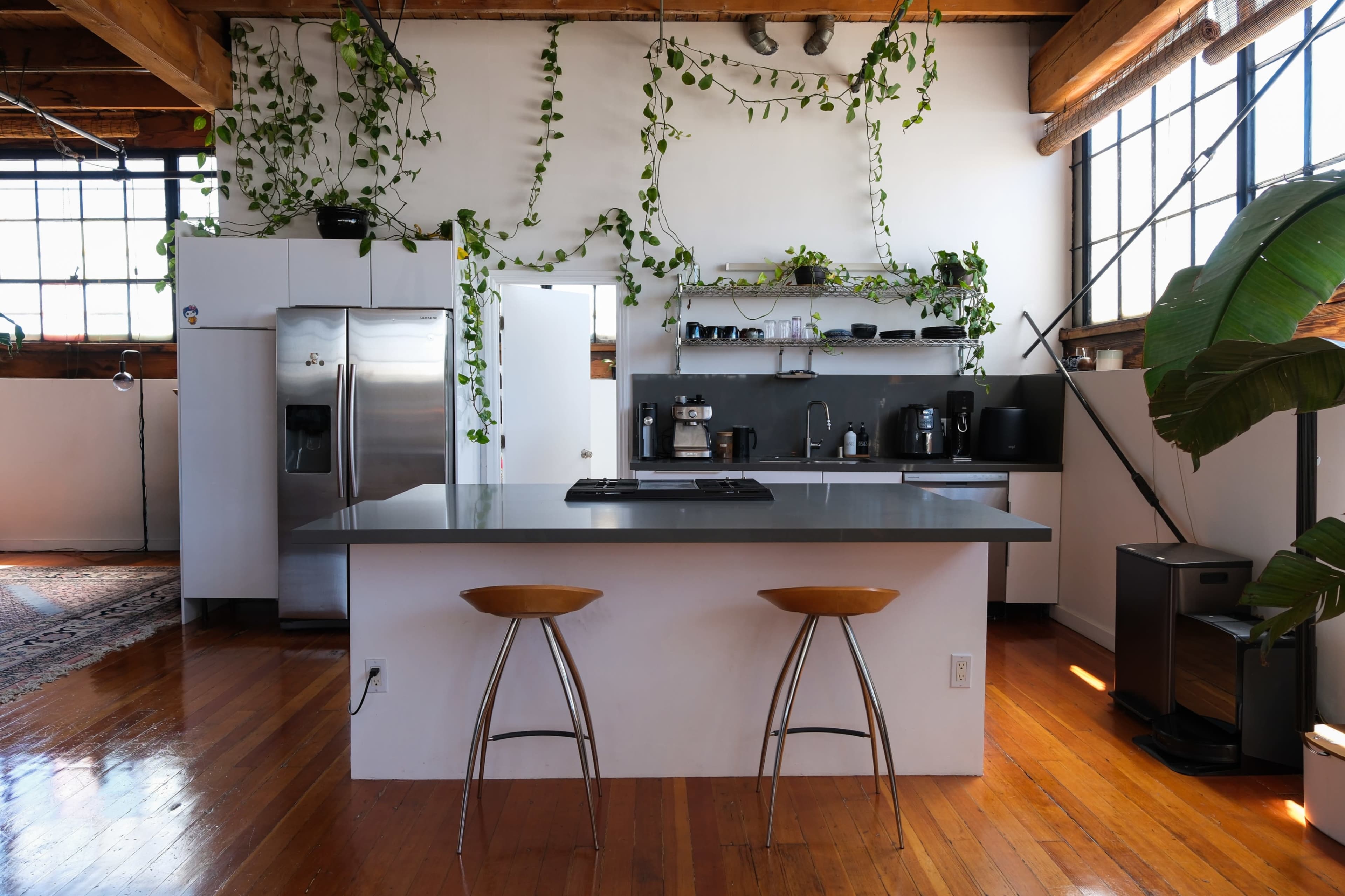 The kitchen features a central island with two stools, stainless steel appliances, and a wall adorned with green plants.