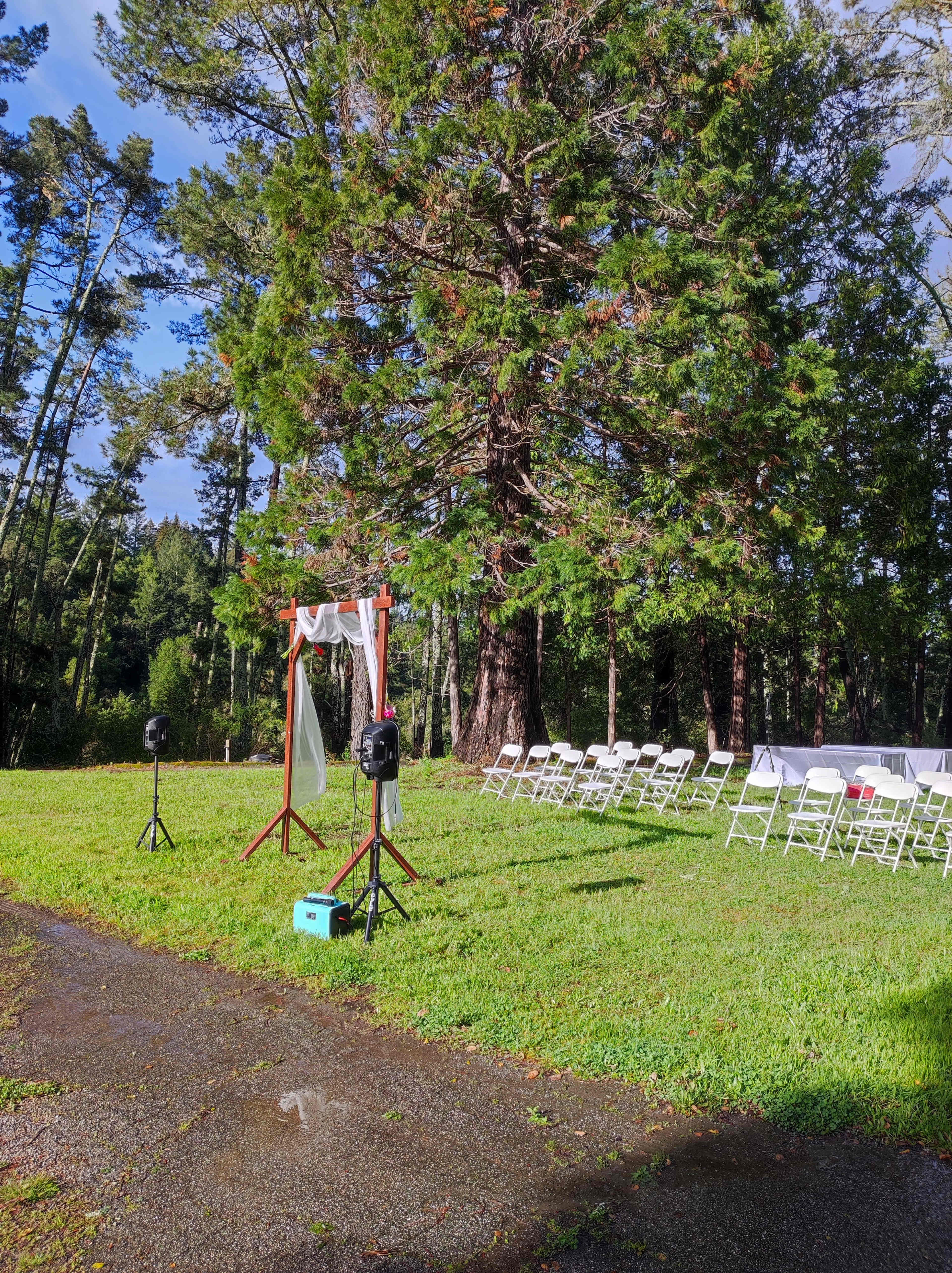 The scene shows a wedding setup outdoors with a wooden arch, two speakers on stands, and rows of white chairs on a grassy area surrounded by tall trees.