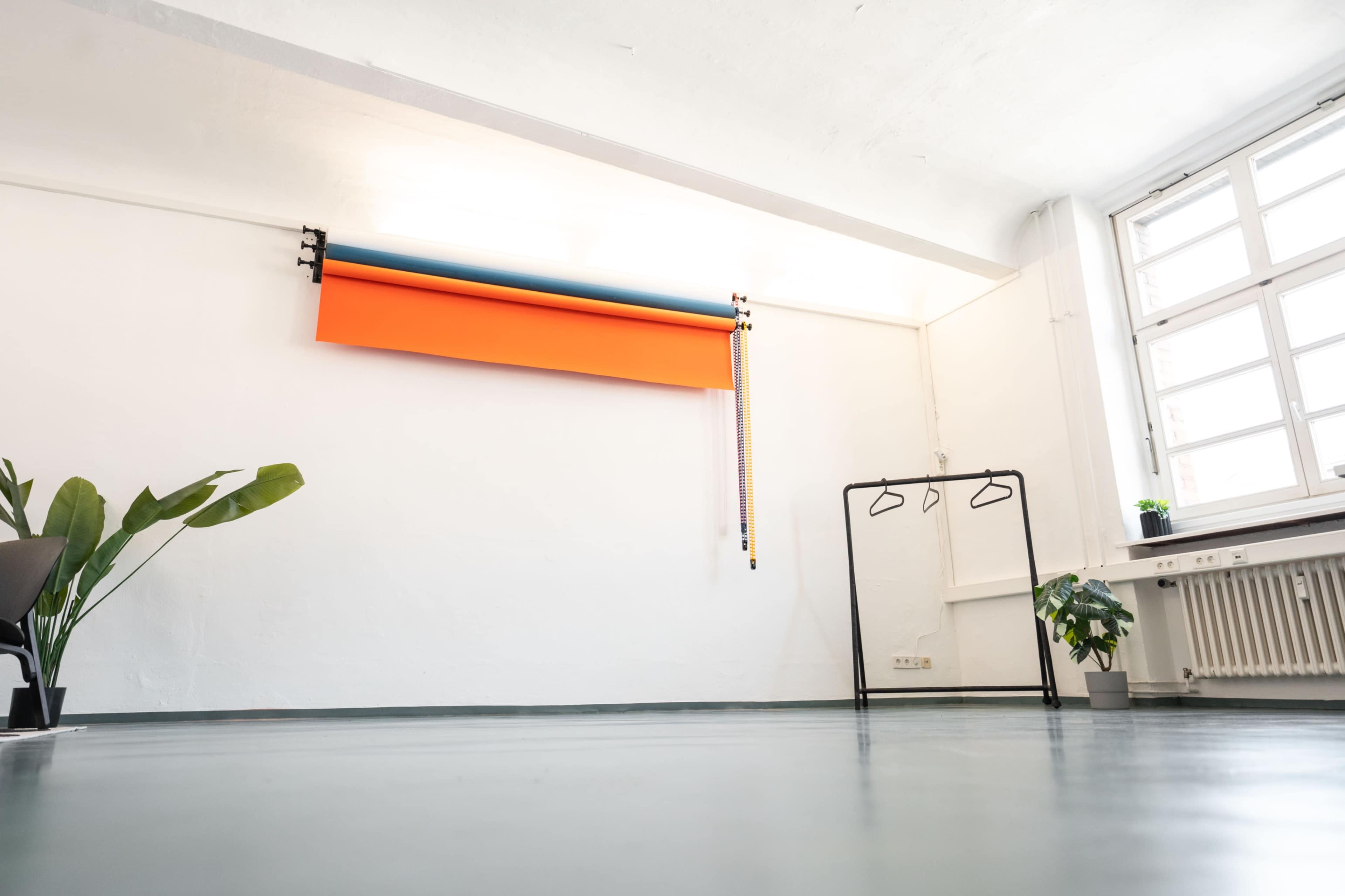 A bright, minimalist room with a projector screen mounted on the wall, a clothing rack, and two plants.