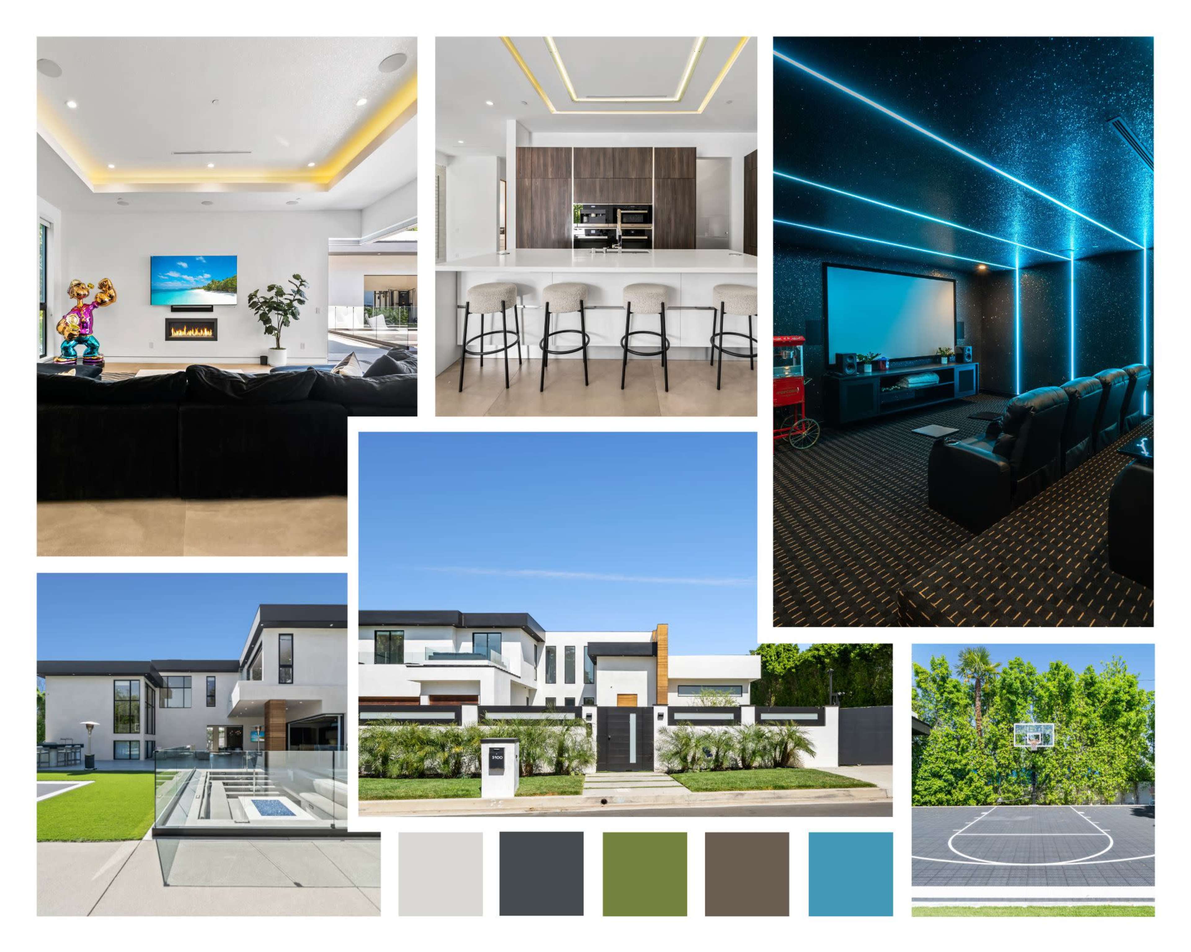 A collage of modern home interiors and exteriors, including a living room, kitchen, home theater, swimming pool, and outdoor basketball court.