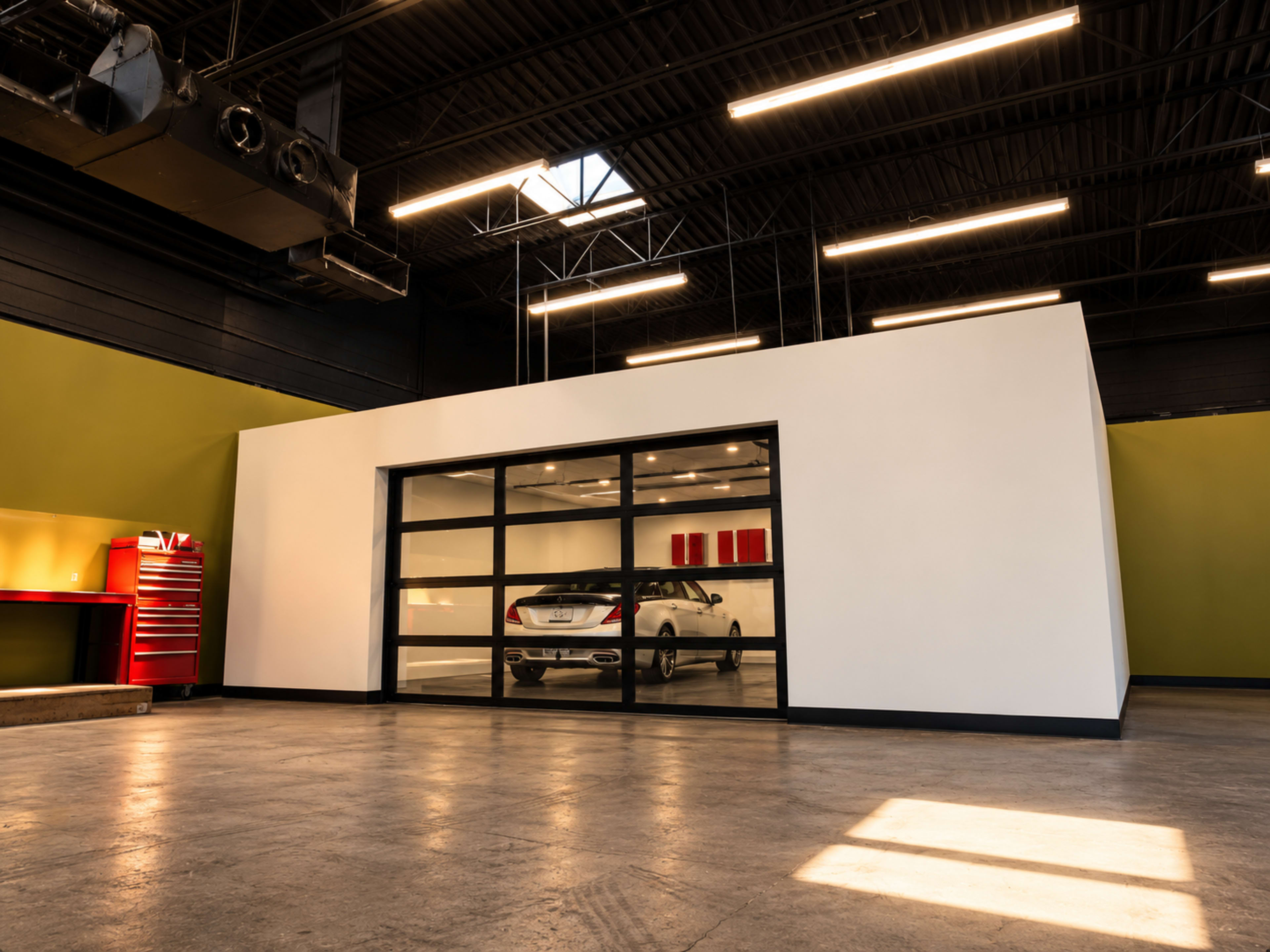 The image shows a modern garage with a sleek white structure, a large glass door revealing a car inside, and a tool storage cabinet in a red color against a green wall.