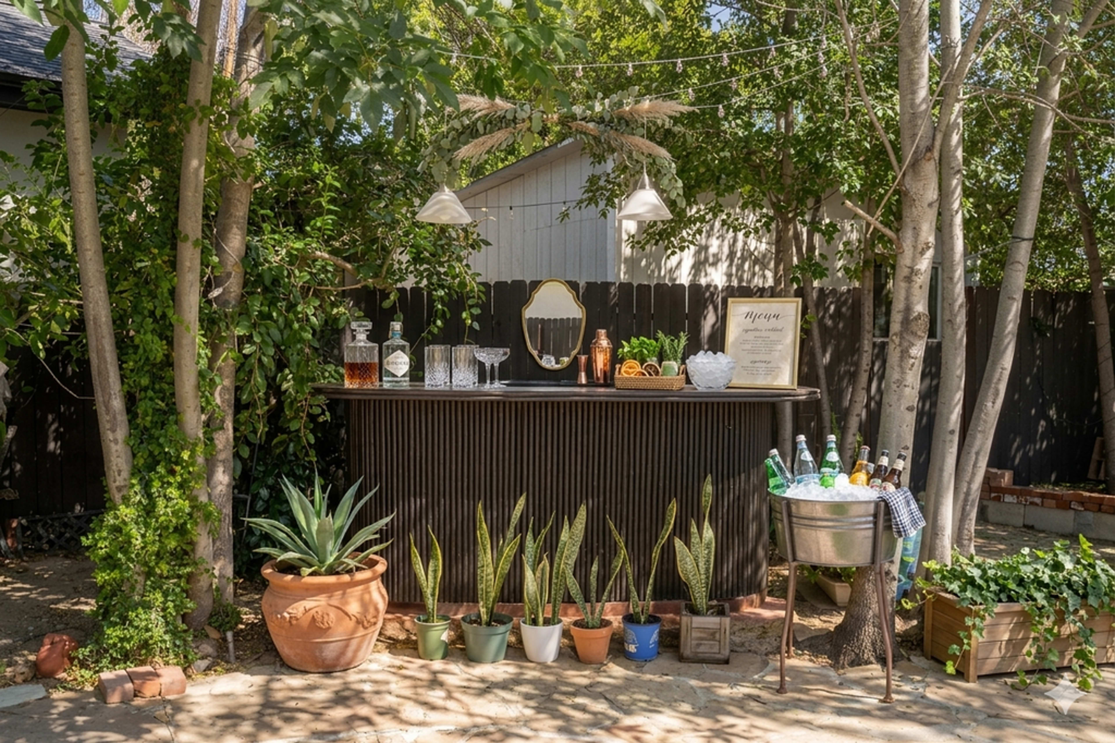 The image shows an outdoor bar setup surrounded by greenery, featuring a wooden bar counter, various drinks, and decorative potted plants.