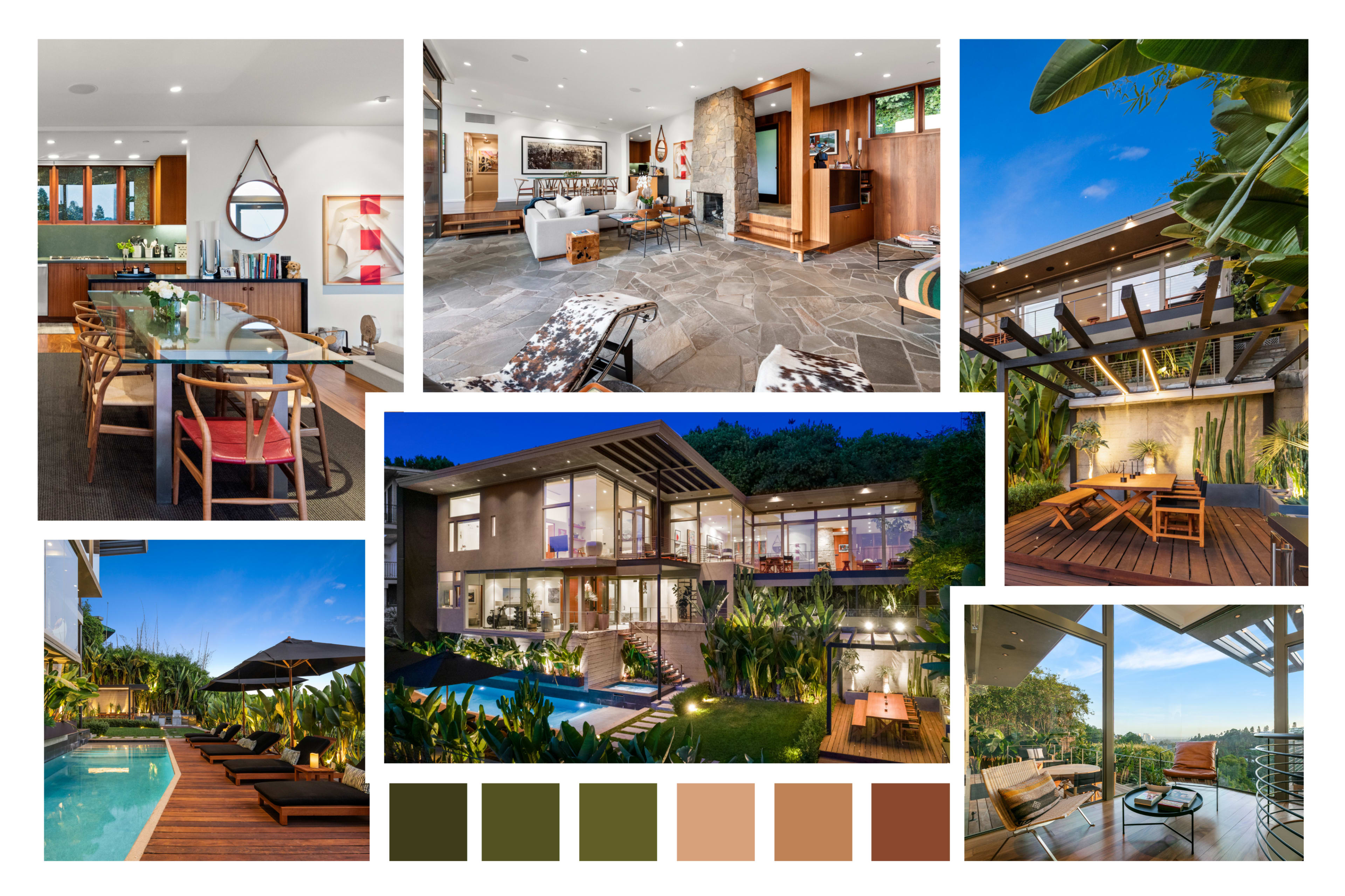 The collage showcases a modern home design featuring a spacious interior layout with a living area, dining space, and kitchen, as well as an exterior view of a house with a pool and landscaped gardens.