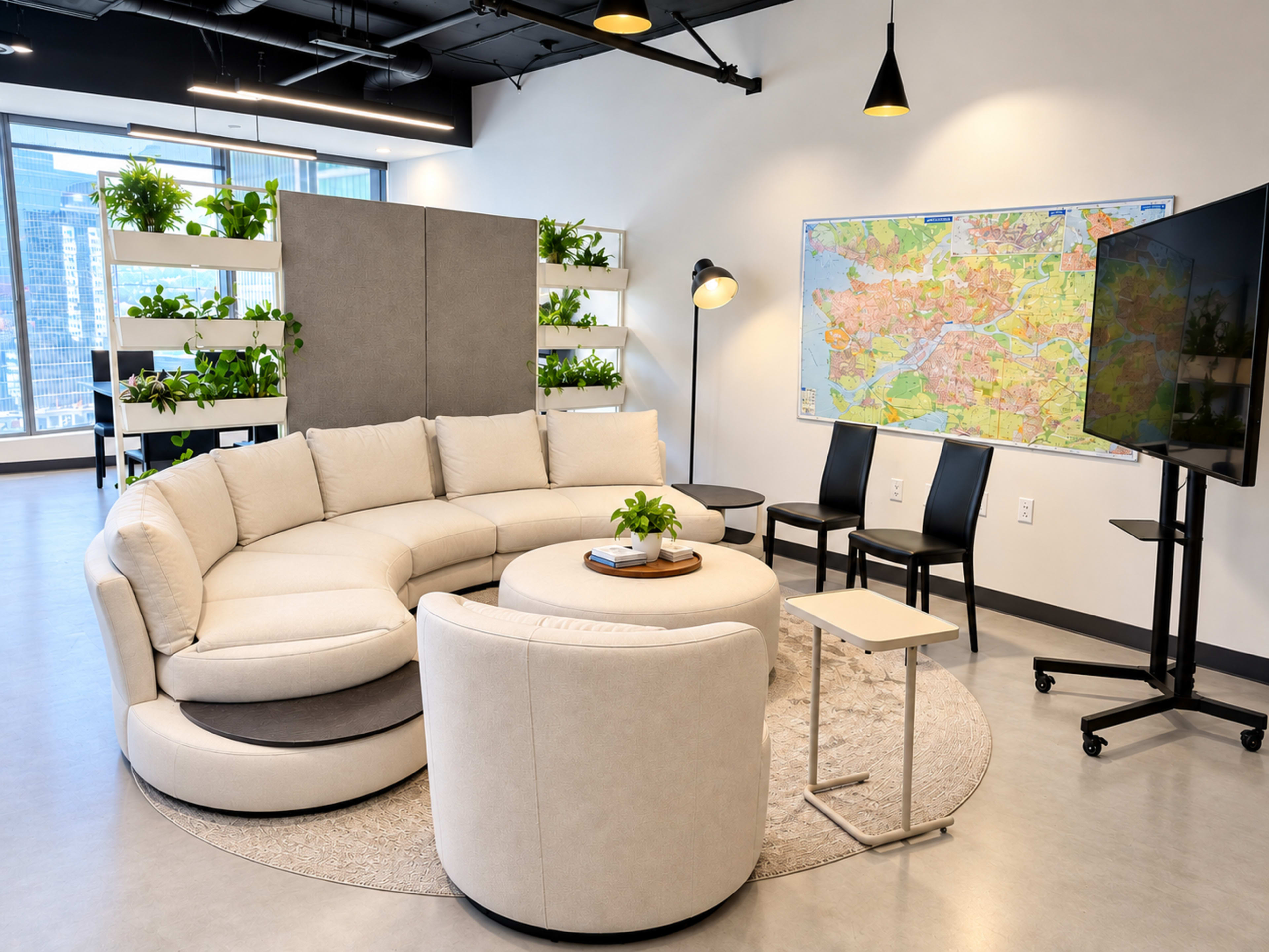 The image shows a modern lounge area featuring a circular cream-colored sofa, a round coffee table with a small plant, two black chairs, and a map on the wall, surrounded by planters with greenery.