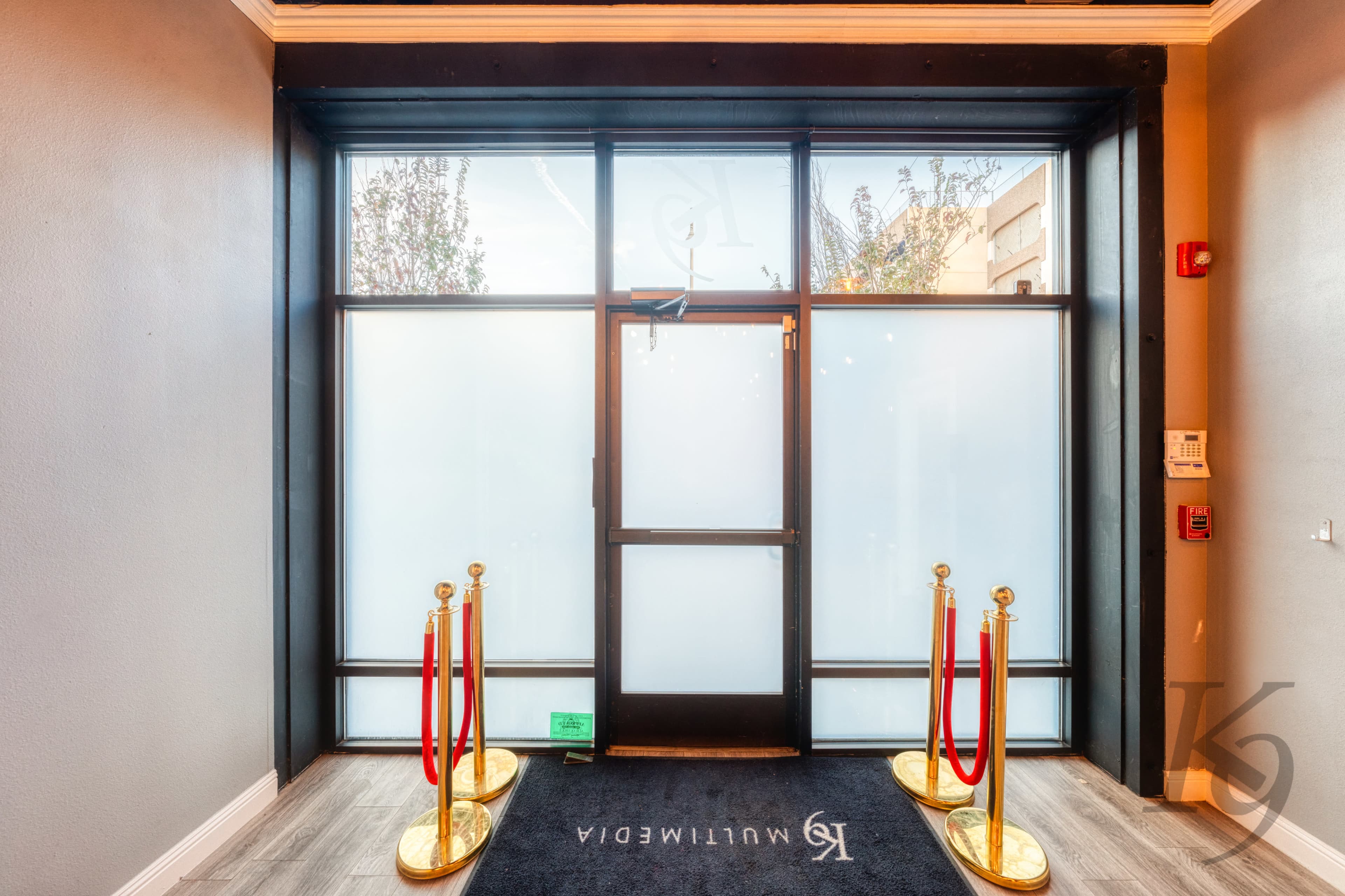 A modern entrance with a glass door and red velvet ropes leading to it, flanked by gold stanchions.