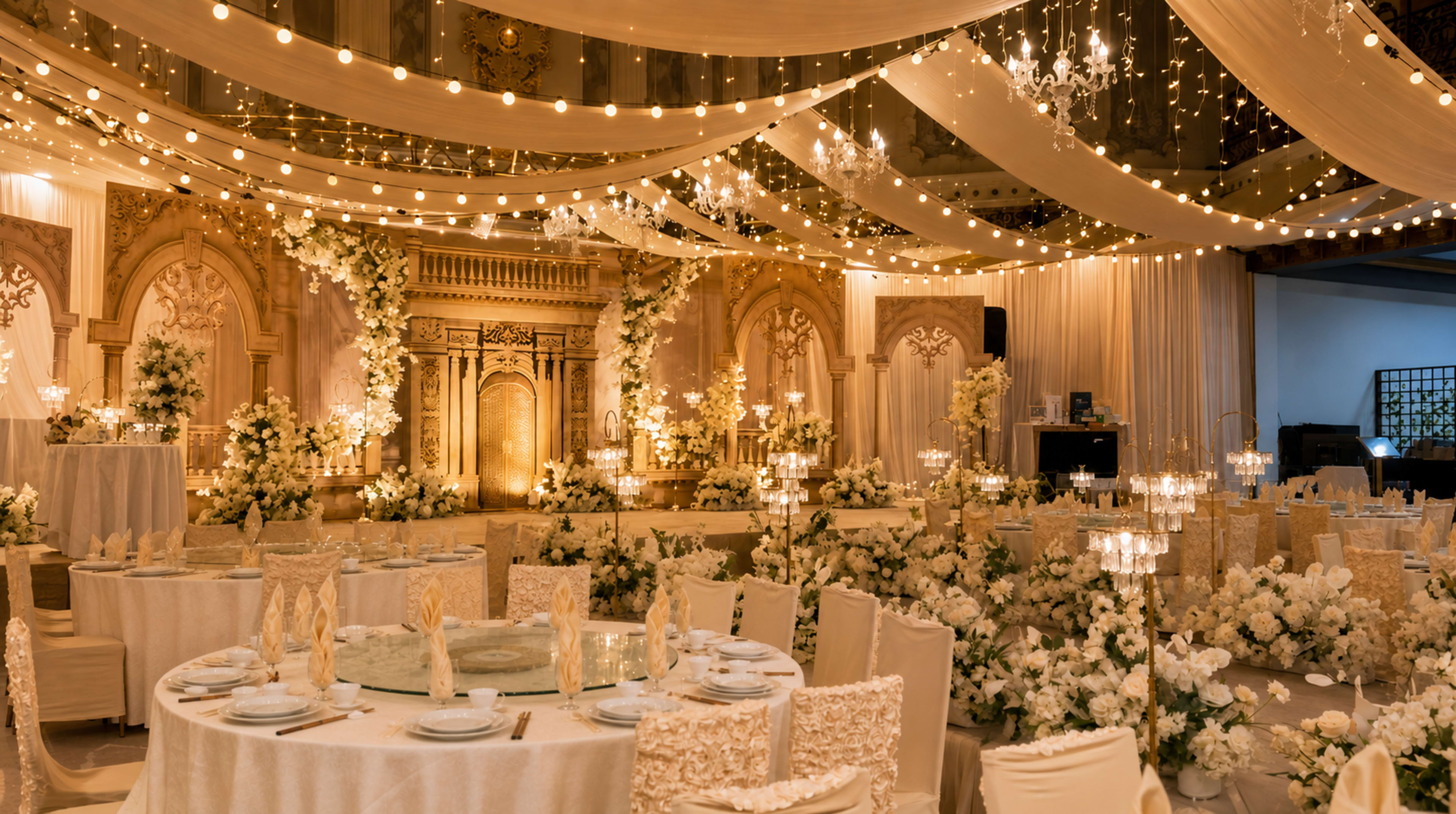 The image depicts an elegantly decorated banquet hall with round tables set for a formal event, adorned with floral centerpieces and dim lighting from hanging string lights.