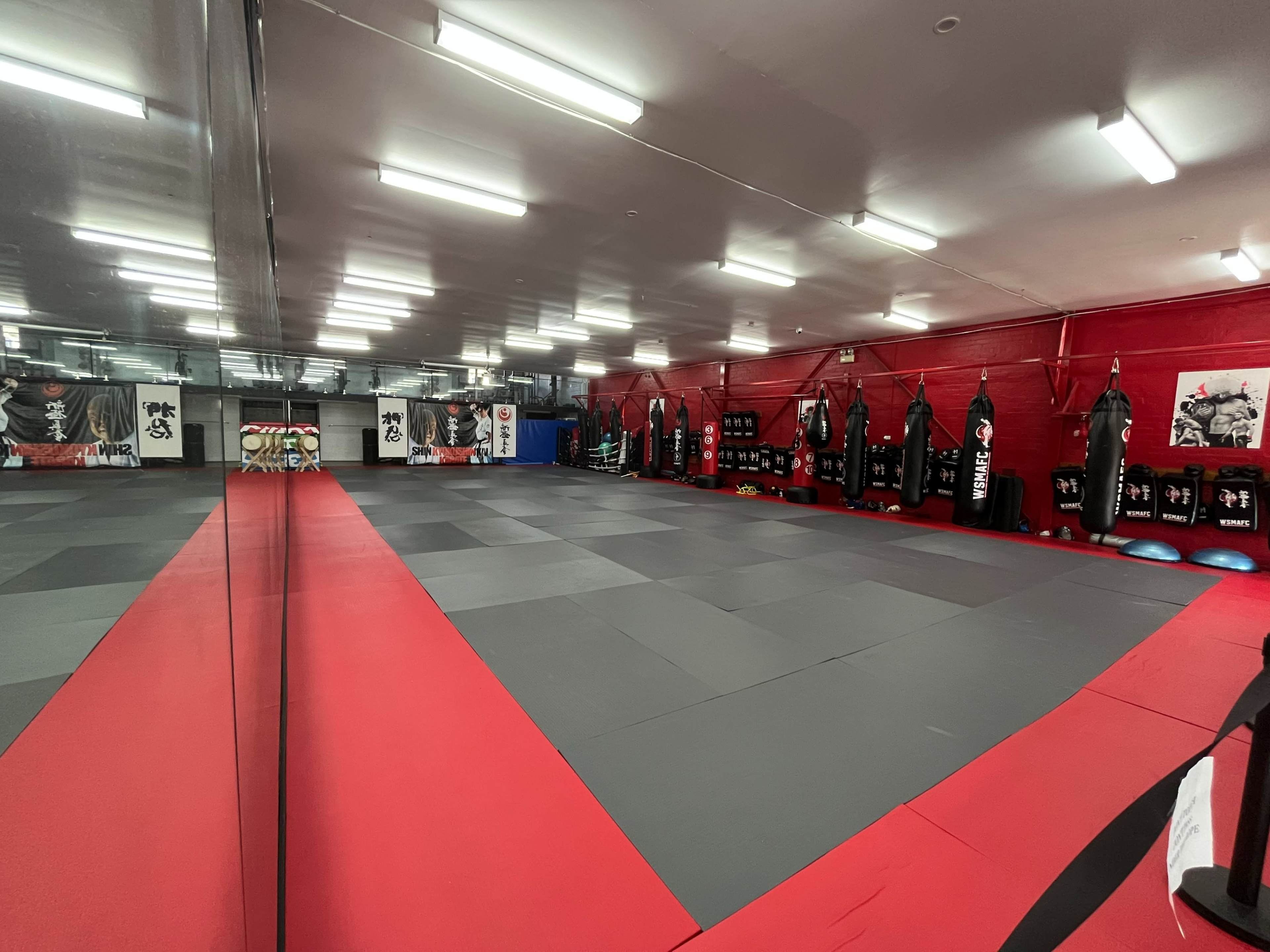 The image shows a martial arts training studio featuring mirrored walls, black and red mats, and various hanging punching bags.