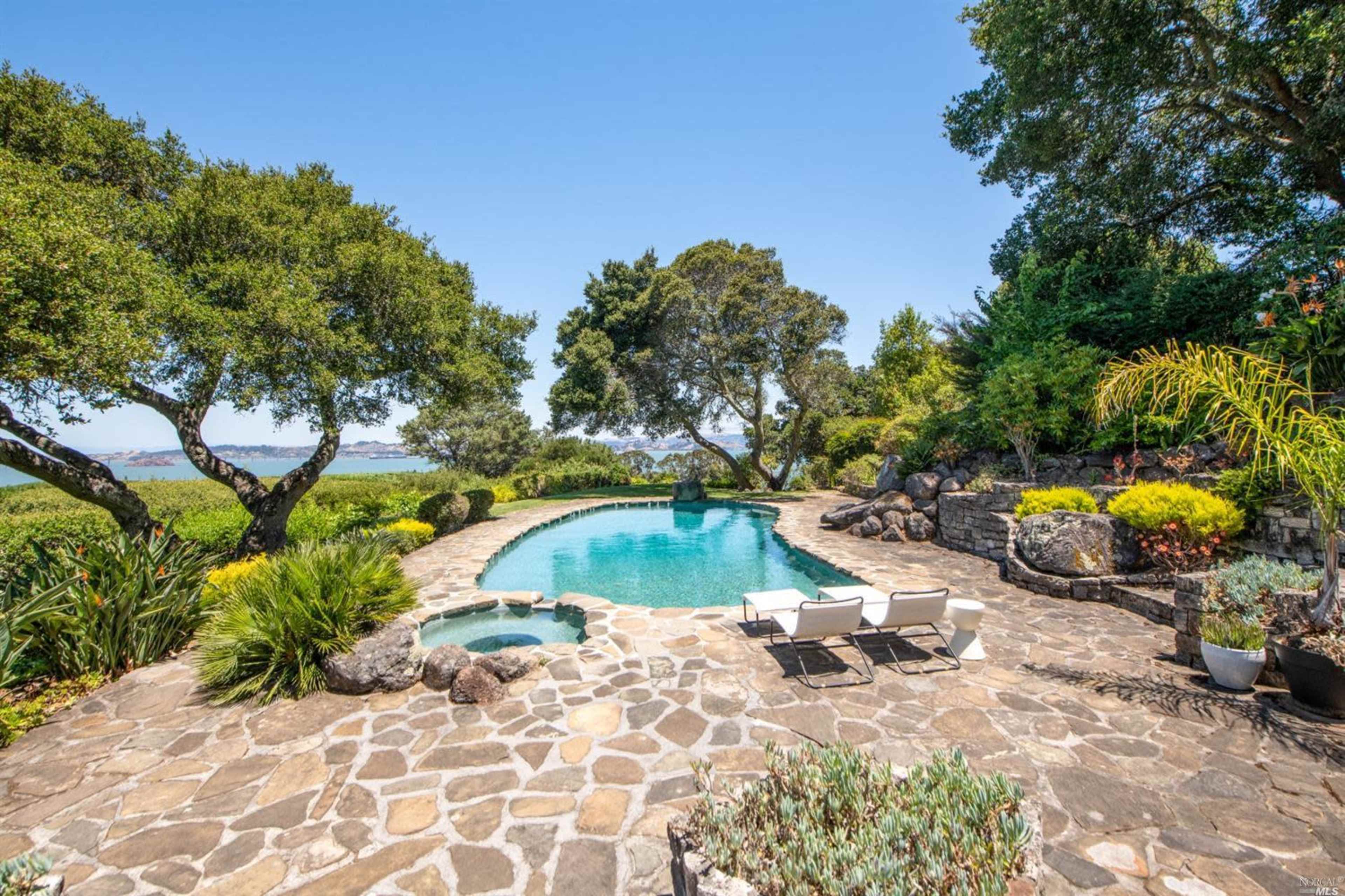 A curved swimming pool with a stone patio is surrounded by greenery and trees in a landscaped outdoor area.