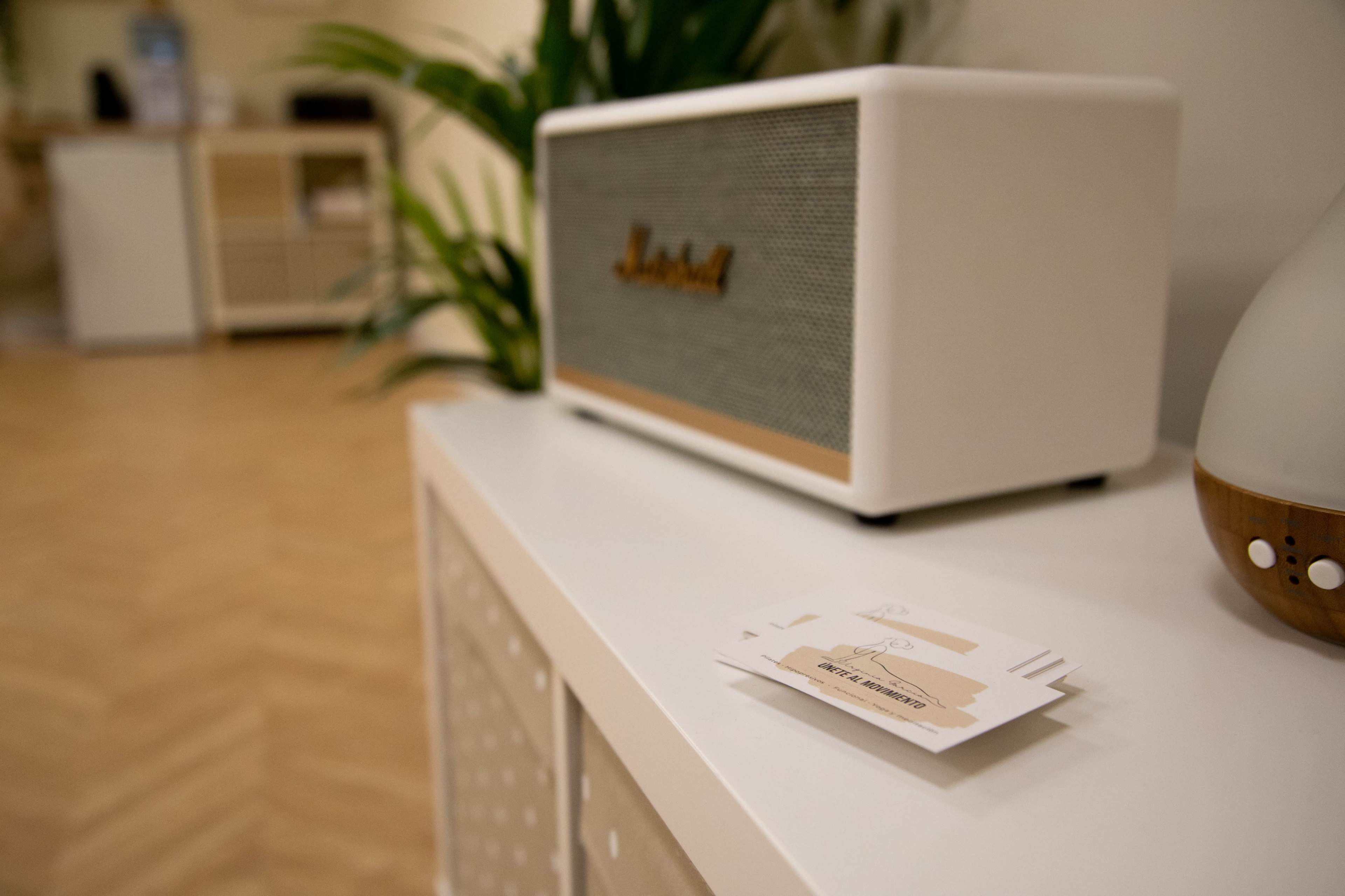 A white speaker sits on a table next to a stack of business cards in a well-lit room with green plants in the background.