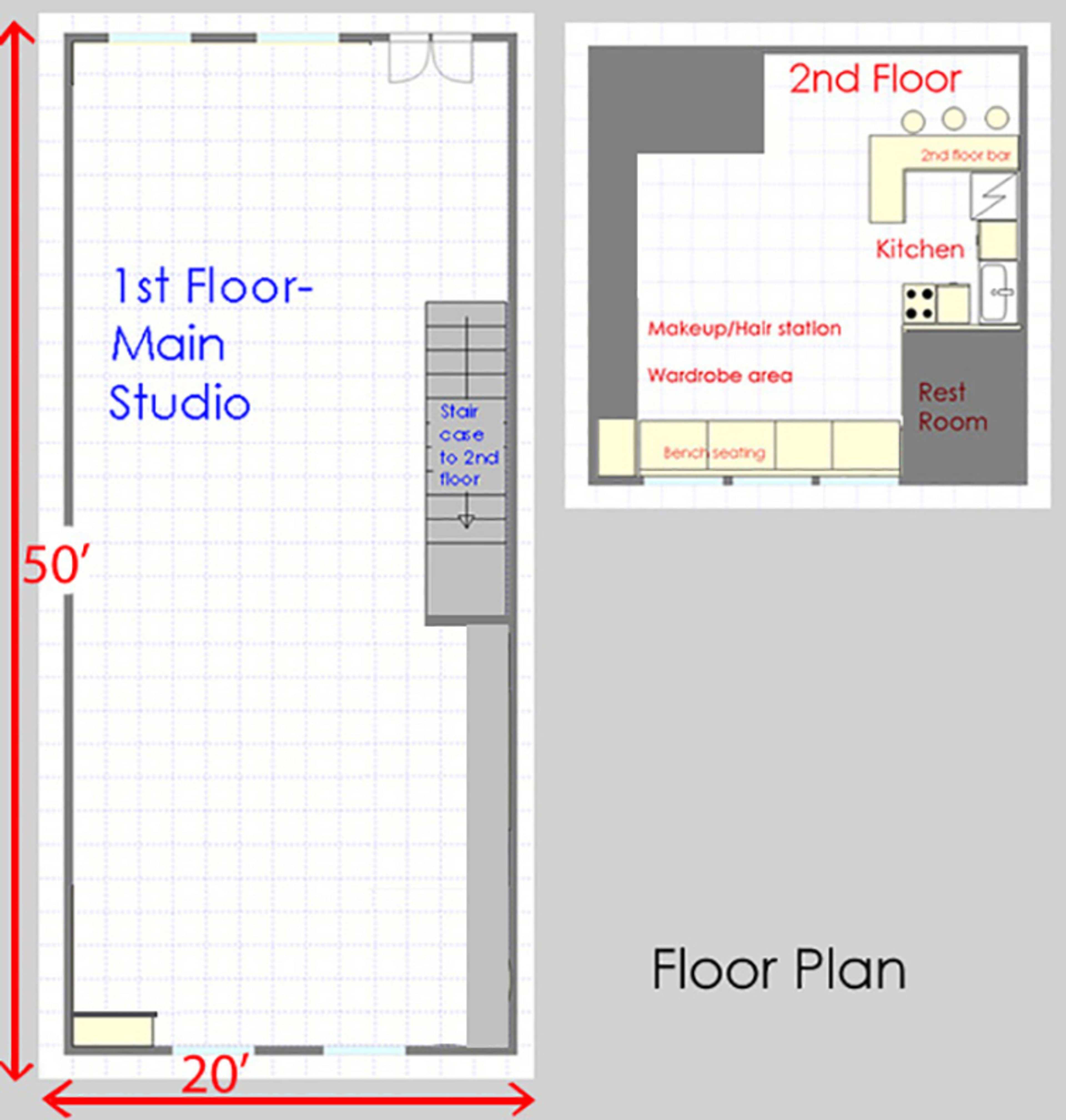A floor plan for a two-story building, showcasing the layout of the first floor with a main studio area measuring 50 feet by 20 feet, and a small second floor layout that includes a kitchen and rest room.