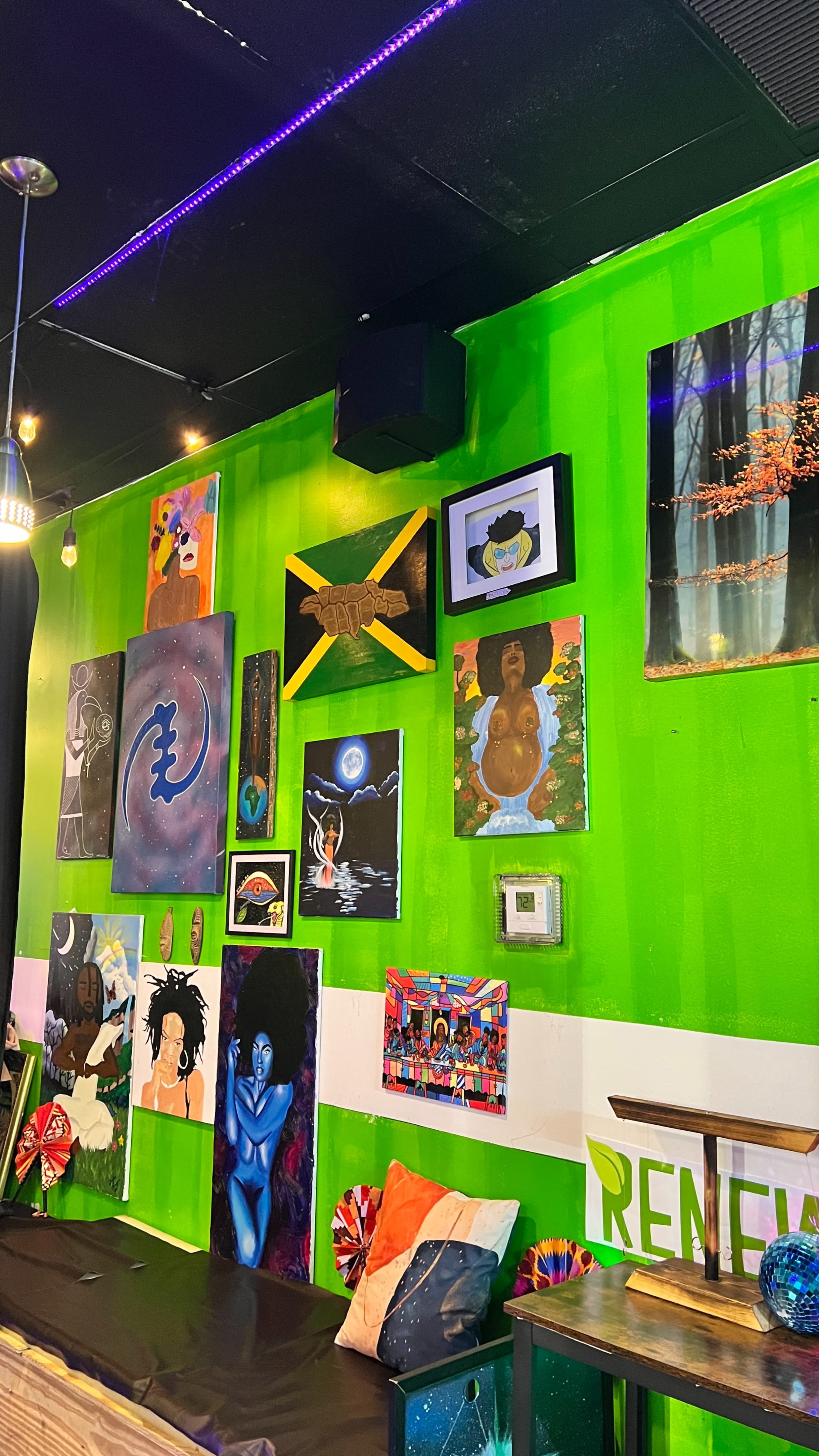 The image showcases a vibrant green wall adorned with various artworks, including paintings and framed pieces, in a colorful, artistic space.