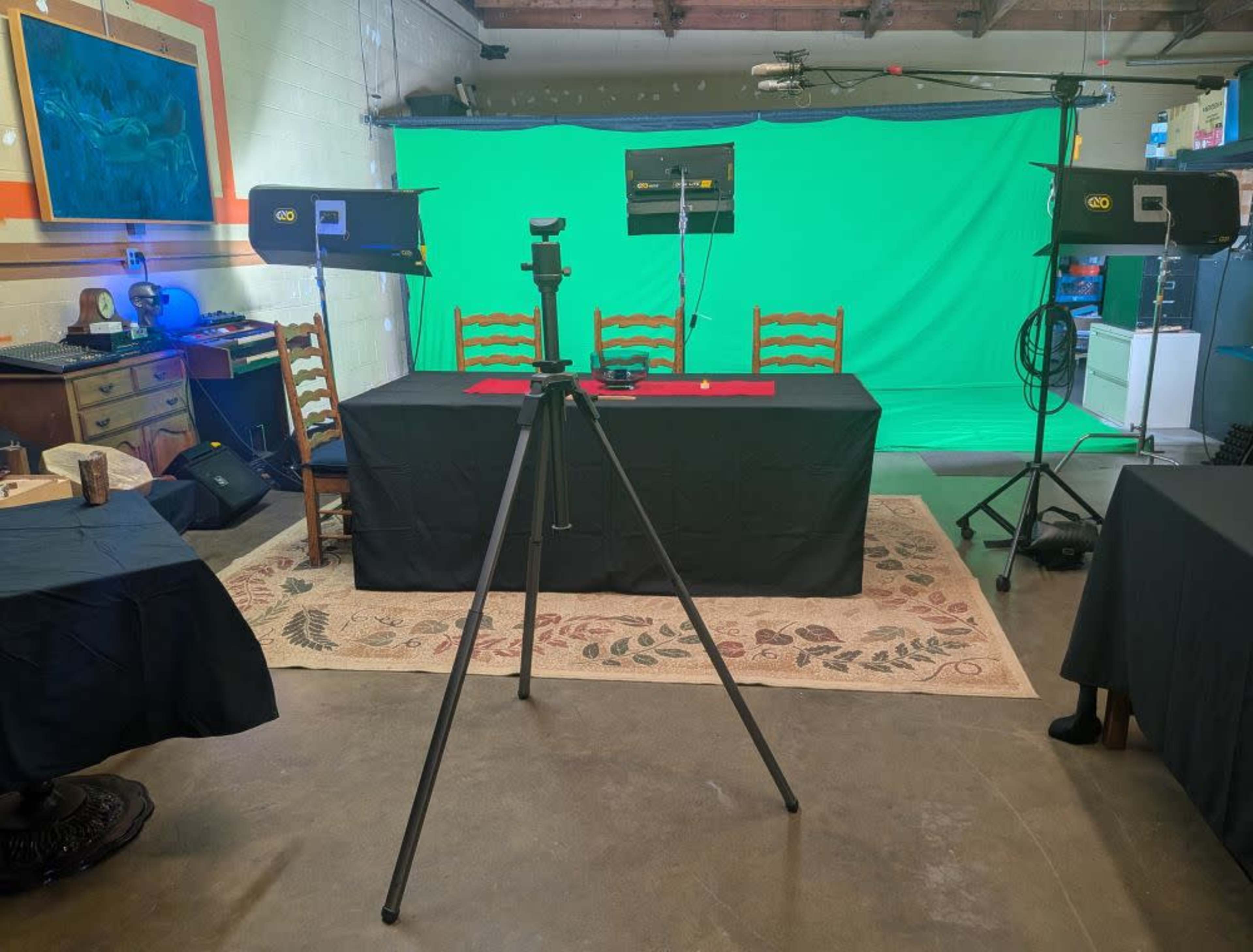 A photography setup is arranged with a black table, multiple chairs, studio lights, and a green backdrop in a room.