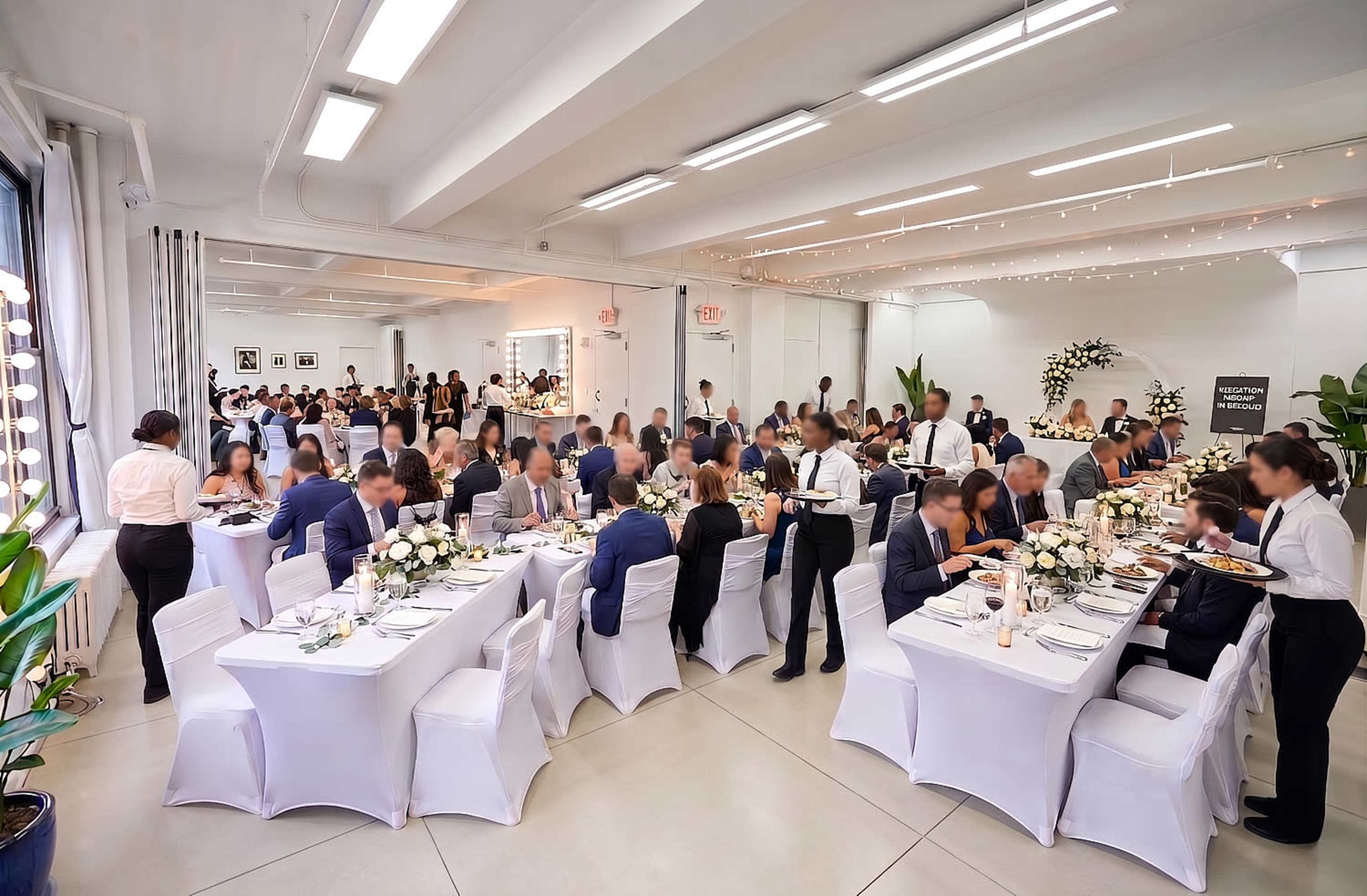 A banquet hall is filled with elegantly dressed guests seated at tables adorned with floral centerpieces, while servers attend to the meal service.