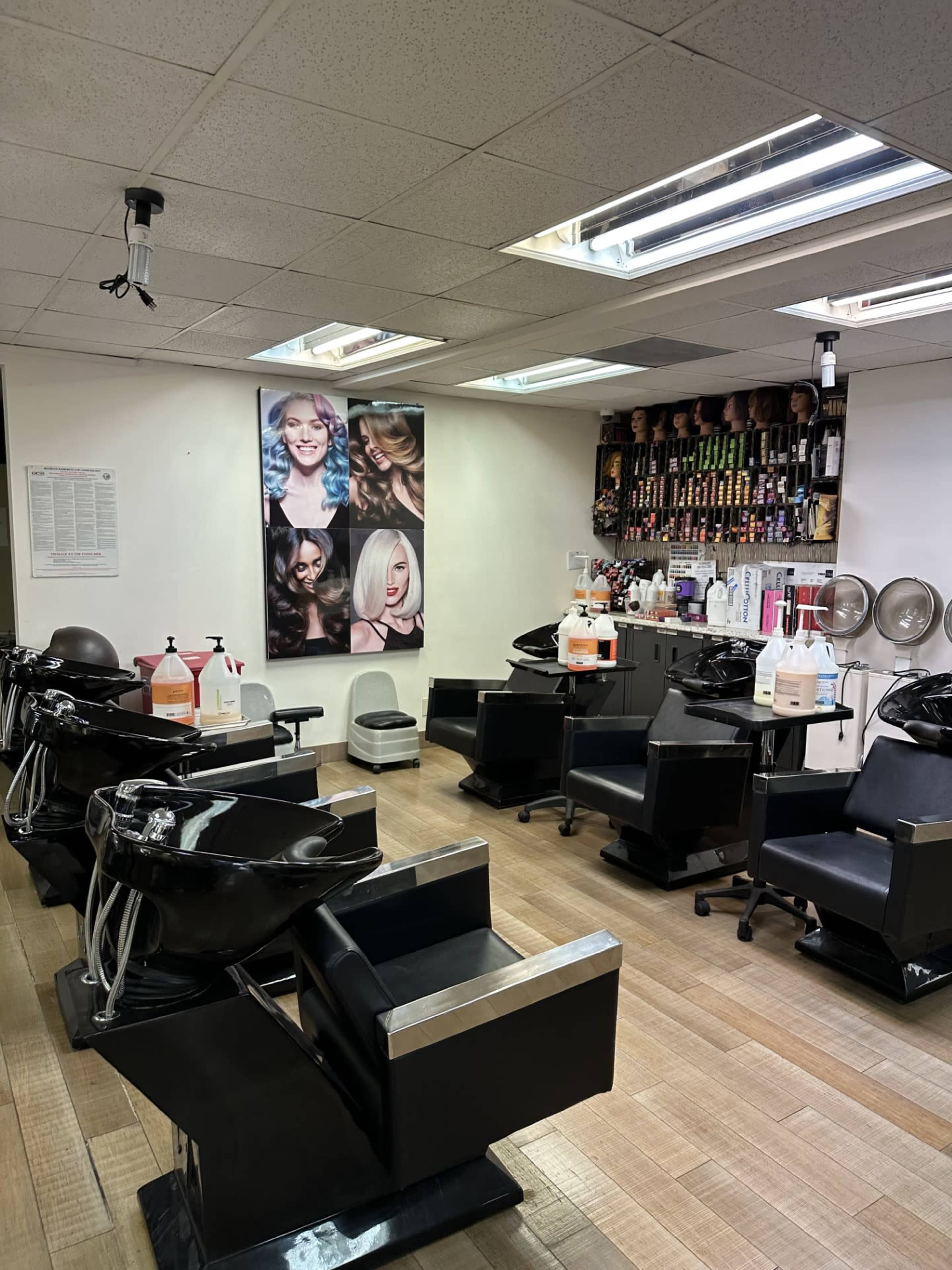 A hair salon featuring several shampoo stations and styling chairs, with a wall display of hair product bottles and a large poster of hairstyles.