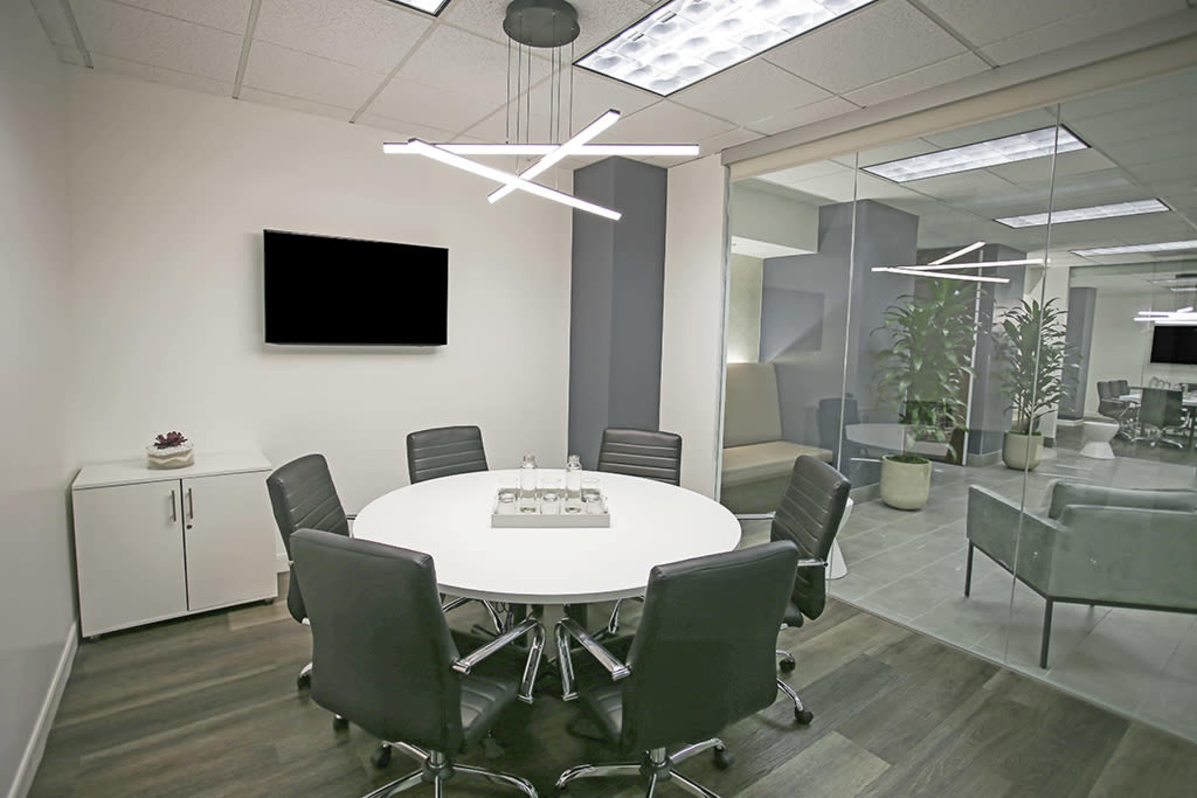 A modern conference room features a round table surrounded by black chairs, a flat-screen television on the wall, and large windows with plants visible outside.