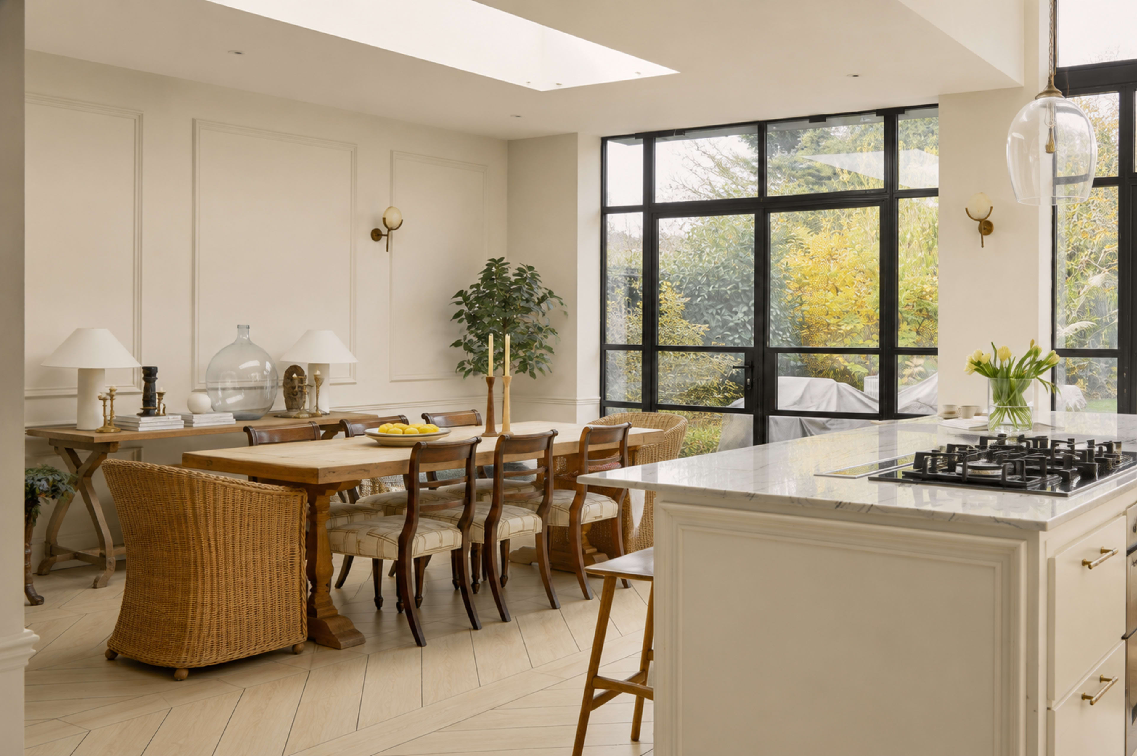 The image showcases a spacious kitchen and dining area featuring a large wooden dining table, wicker chairs, and large windows that allow natural light to illuminate the space.