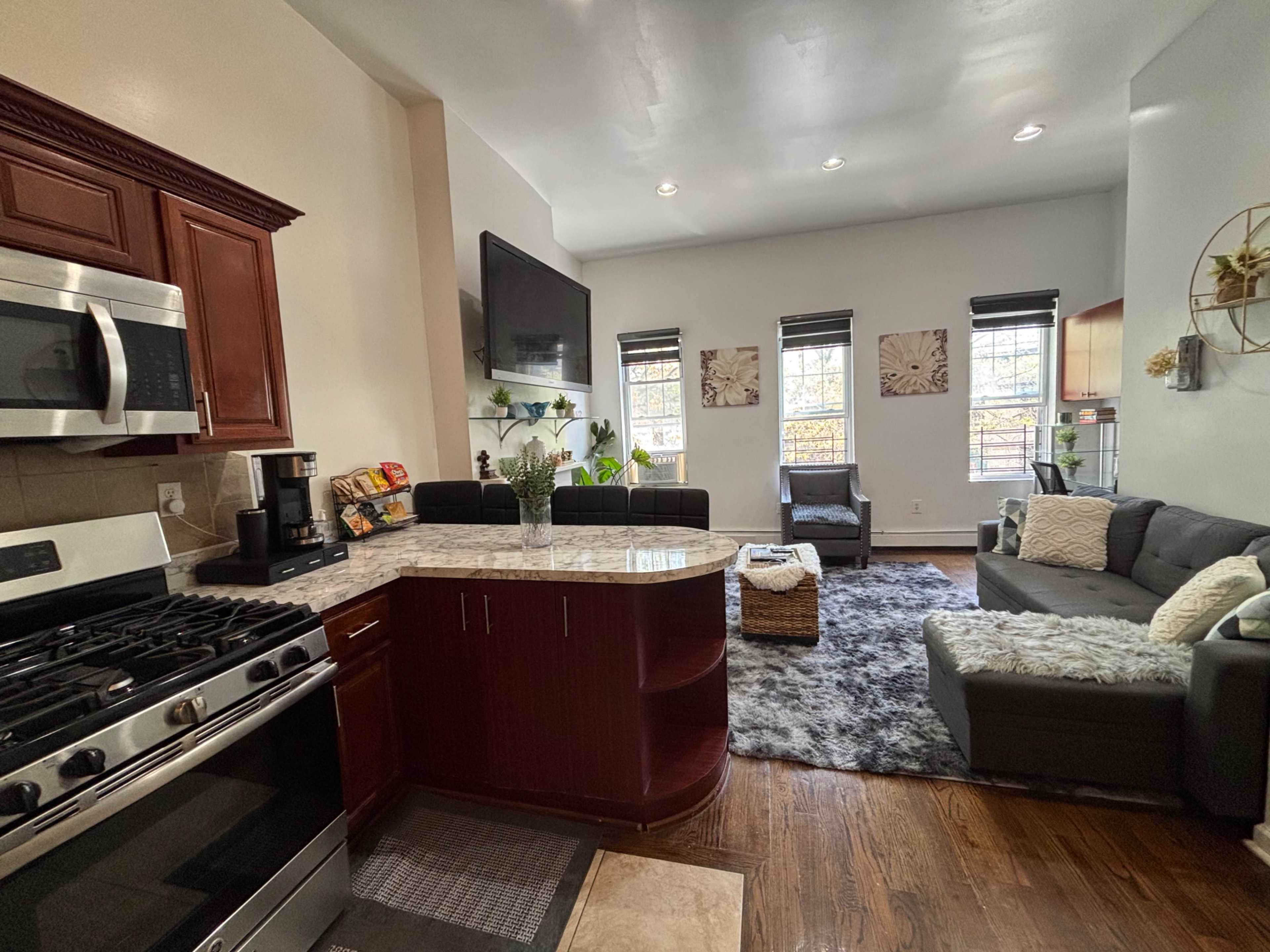 The image shows a modern kitchen area with stainless steel appliances and a living space featuring a gray sofa, decorative plants, and large windows.
