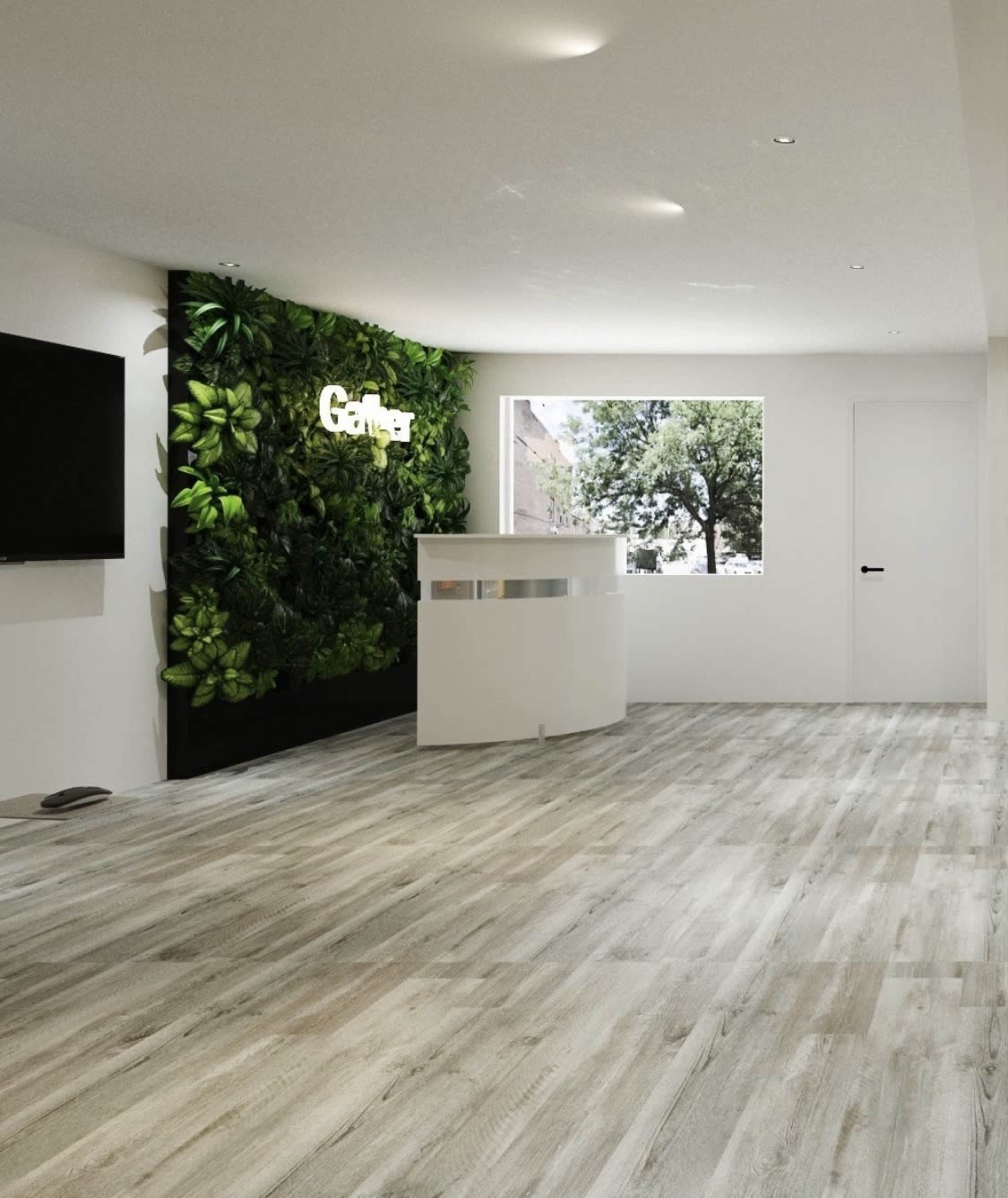 A modern reception area with a greenery wall, a white desk, and a television mounted on one side.