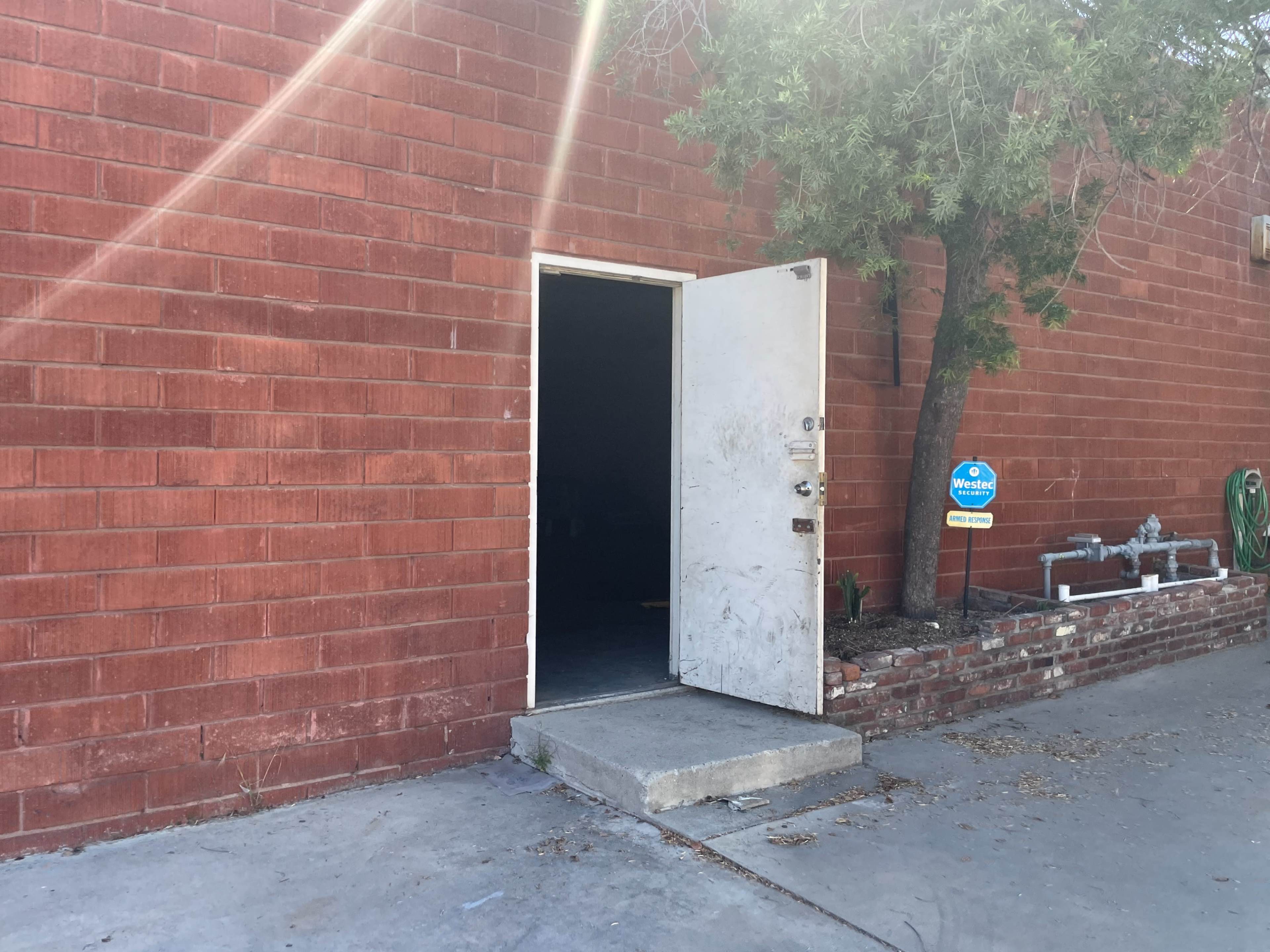 A plain white door stands open on a brick wall, revealing a dark interior, with a tree and a blue sign nearby.
