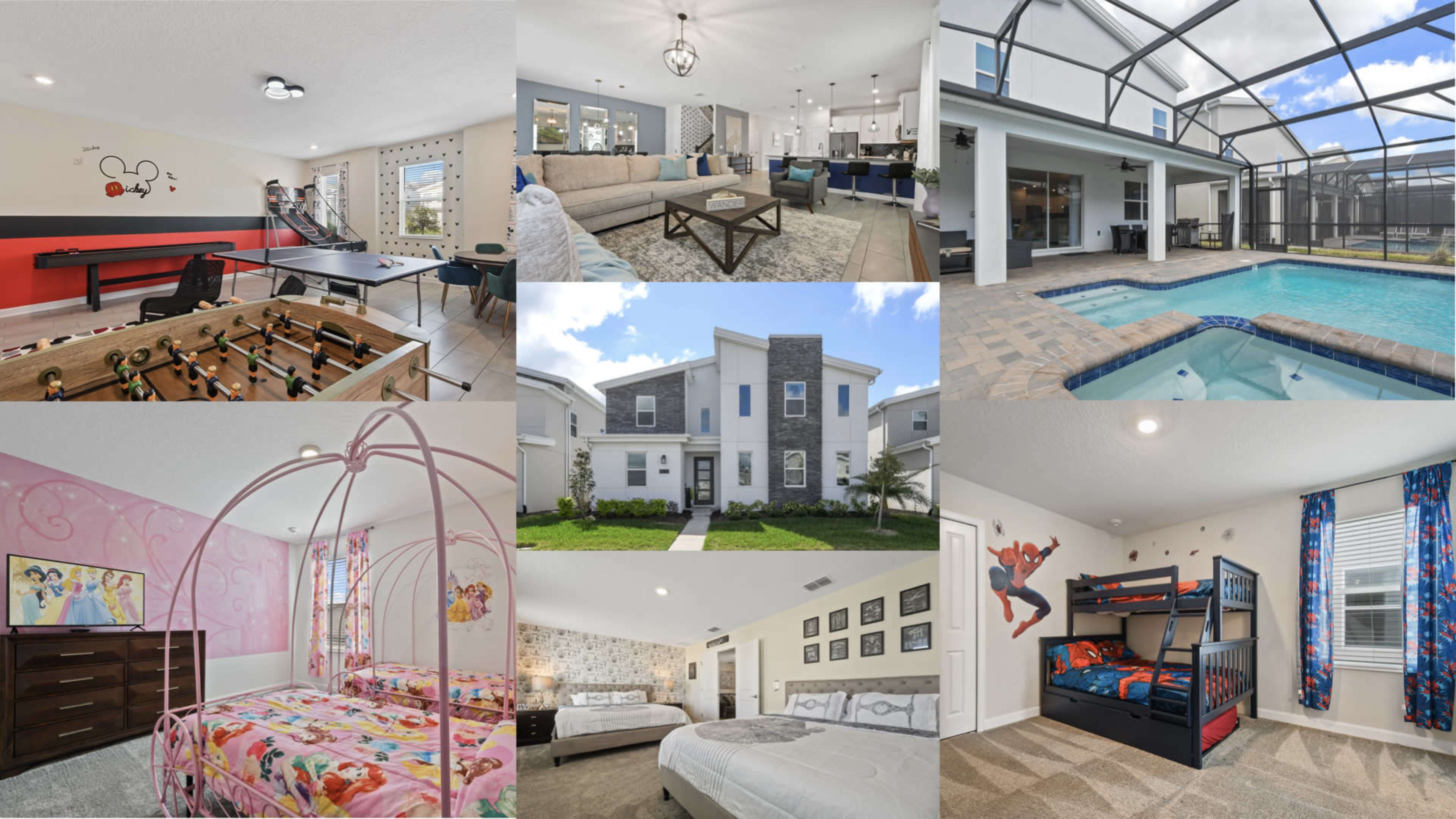 Various areas of a vacation rental property, including a game room with foosball and table tennis, a living area, a pool with a screened enclosure, multiple bedrooms, and the exterior of the home.
