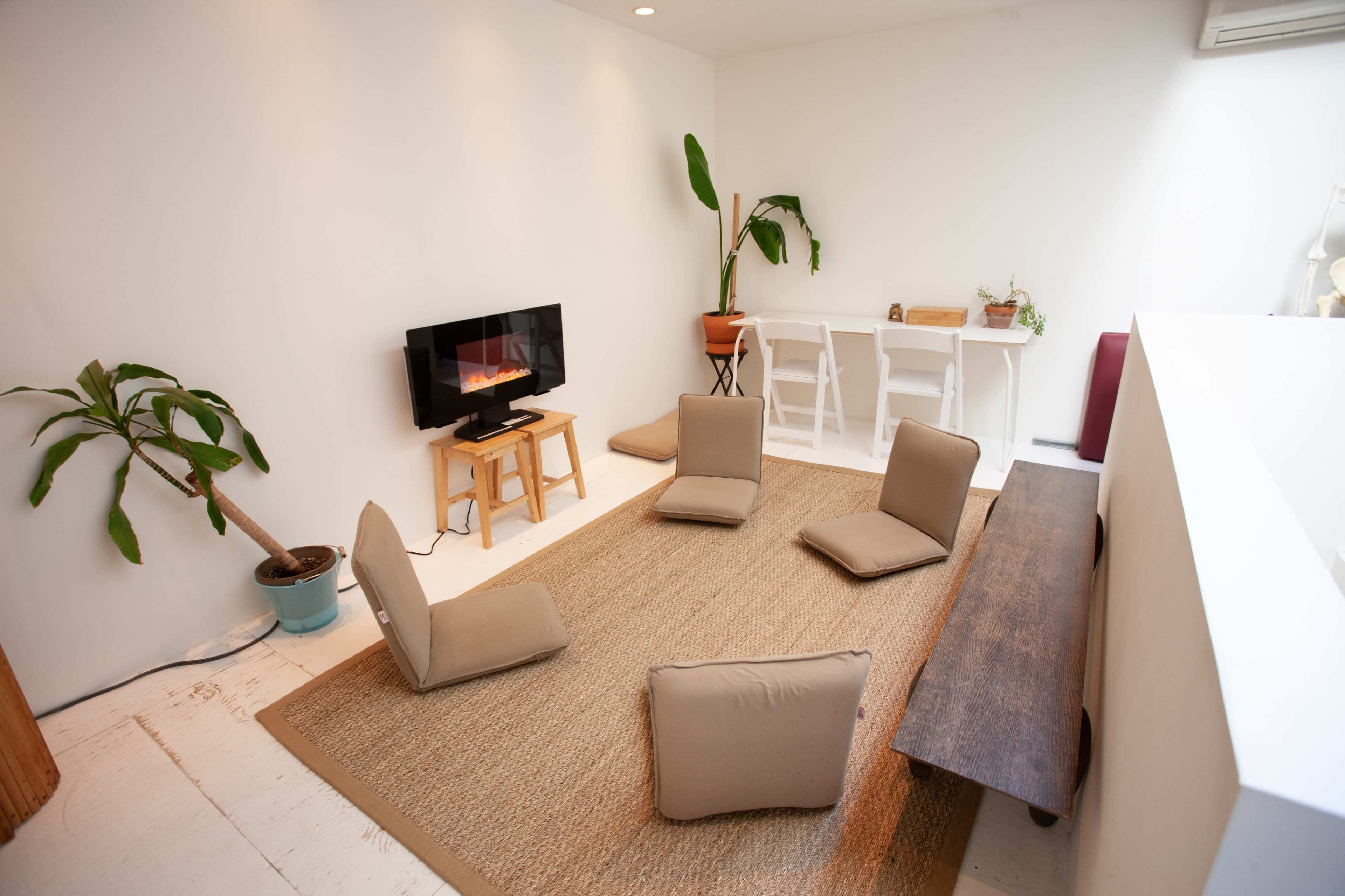 The image shows a minimalist living space with a small TV, a wooden table, floor cushions arranged on a woven rug, and a potted plant in the corner.