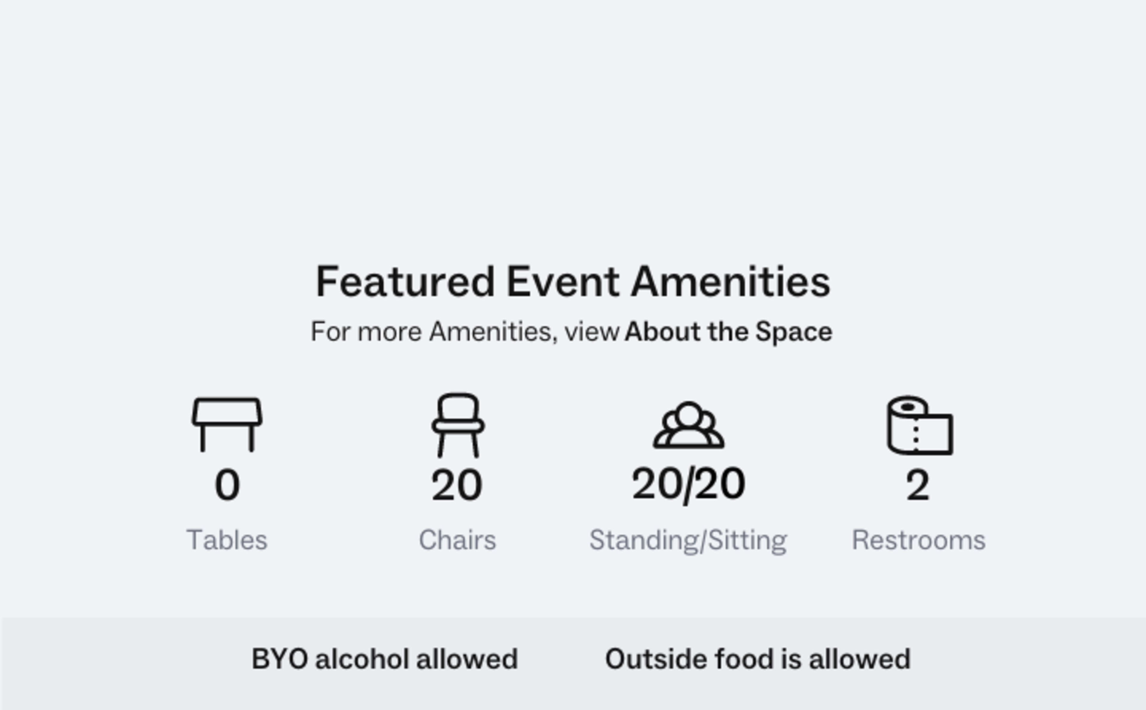 The image presents a list of event amenities, including 0 tables, 20 chairs, a standing/sitting capacity of 20, and 2 restrooms, along with notes about BYO alcohol and outside food being allowed.