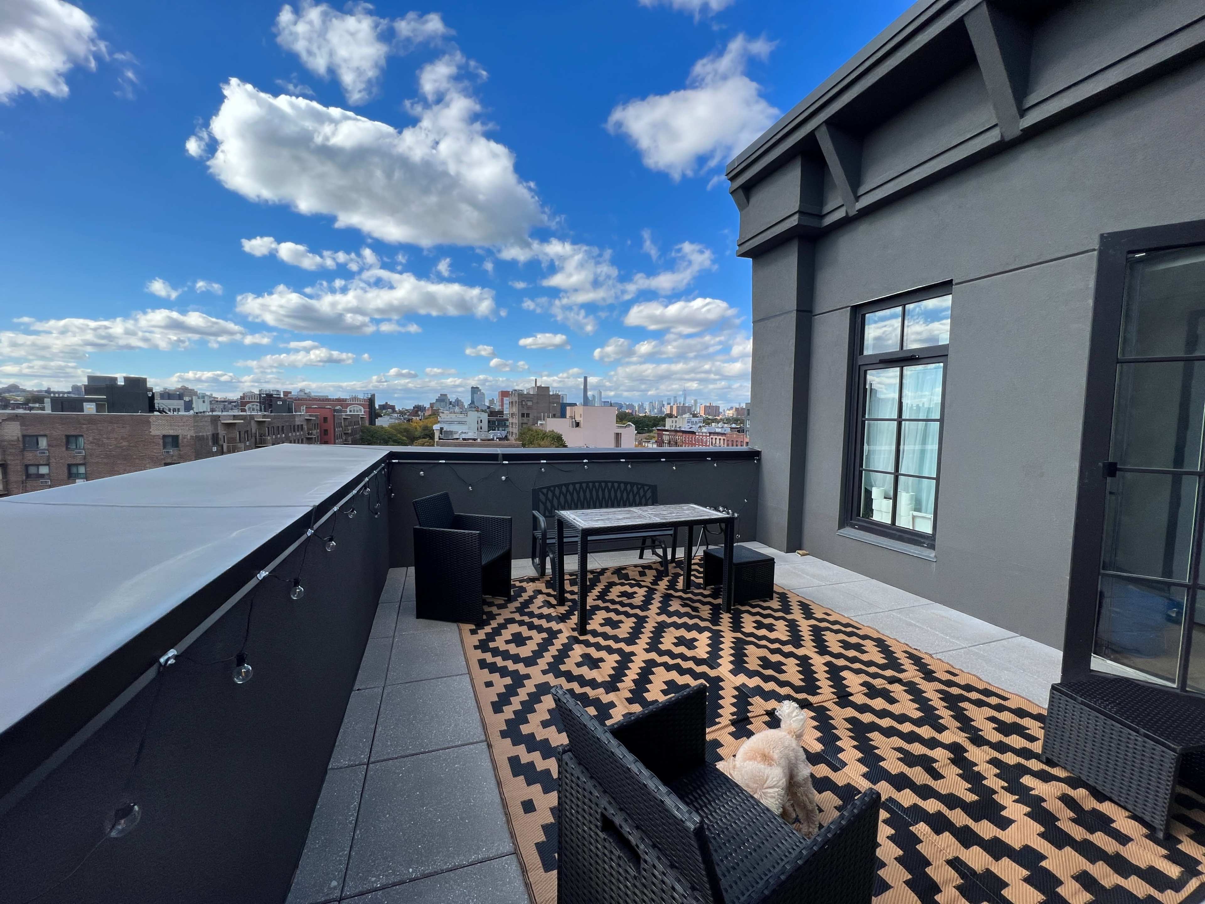 A rooftop space features a table and chairs on a patterned rug, surrounded by a city skyline under a partly cloudy sky.
