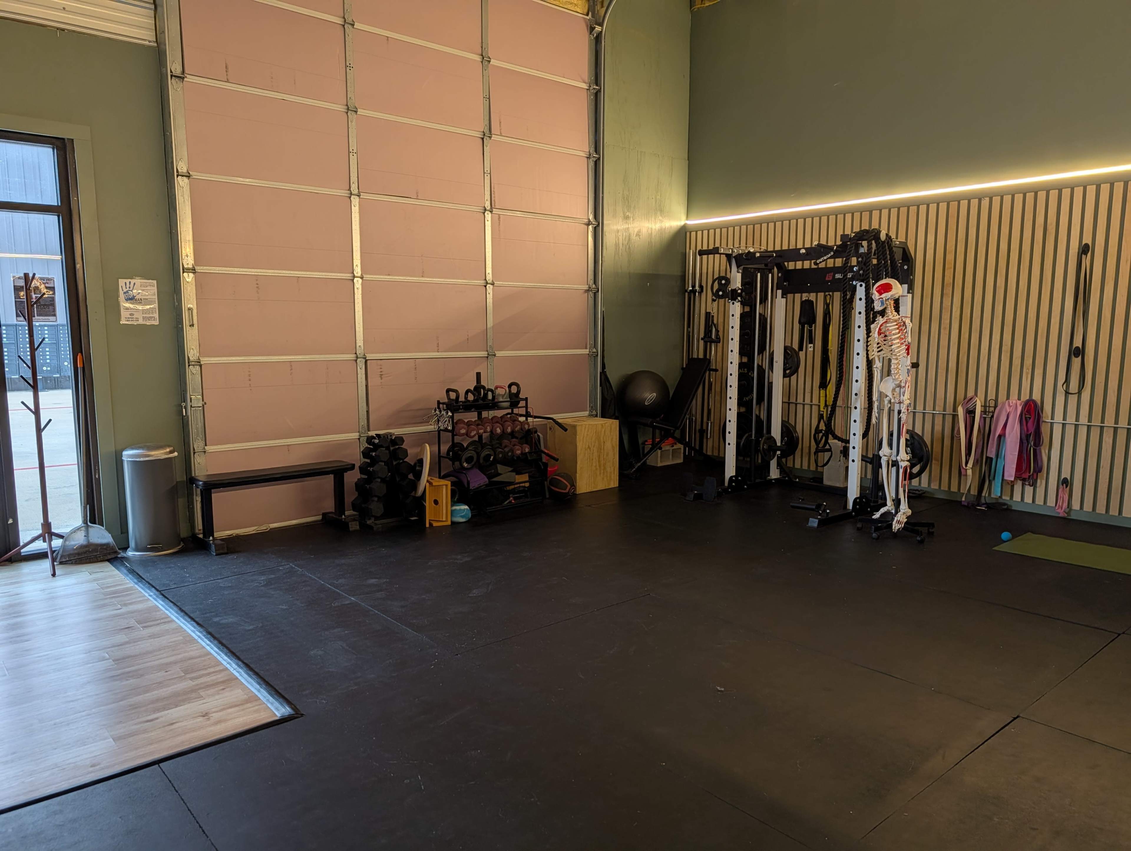The image shows an empty gym space equipped with weights, exercise machines, and a skeleton model for anatomical reference.