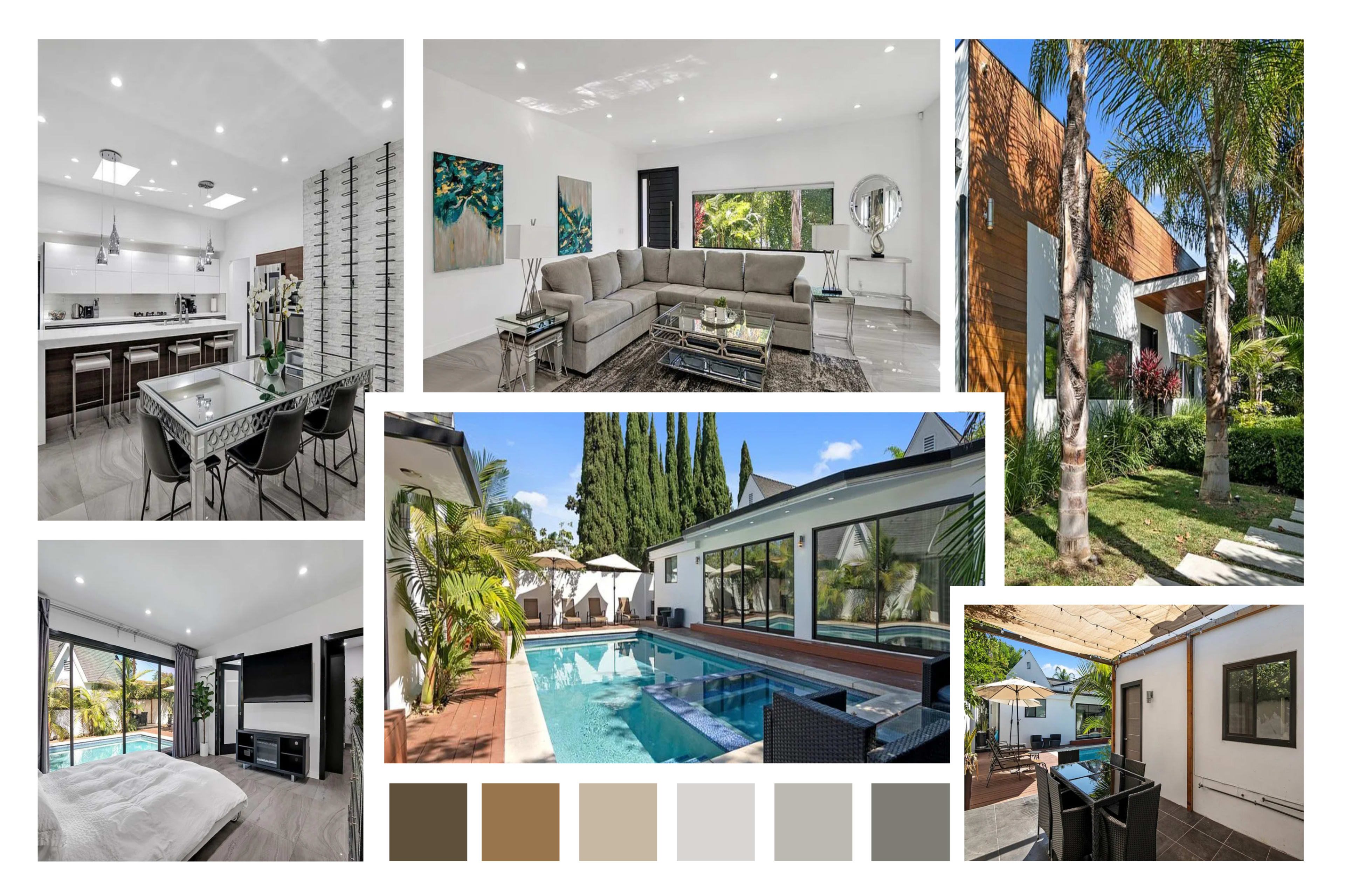 The image showcases a modern residential property featuring various rooms, a swimming pool, and landscaped outdoor areas.