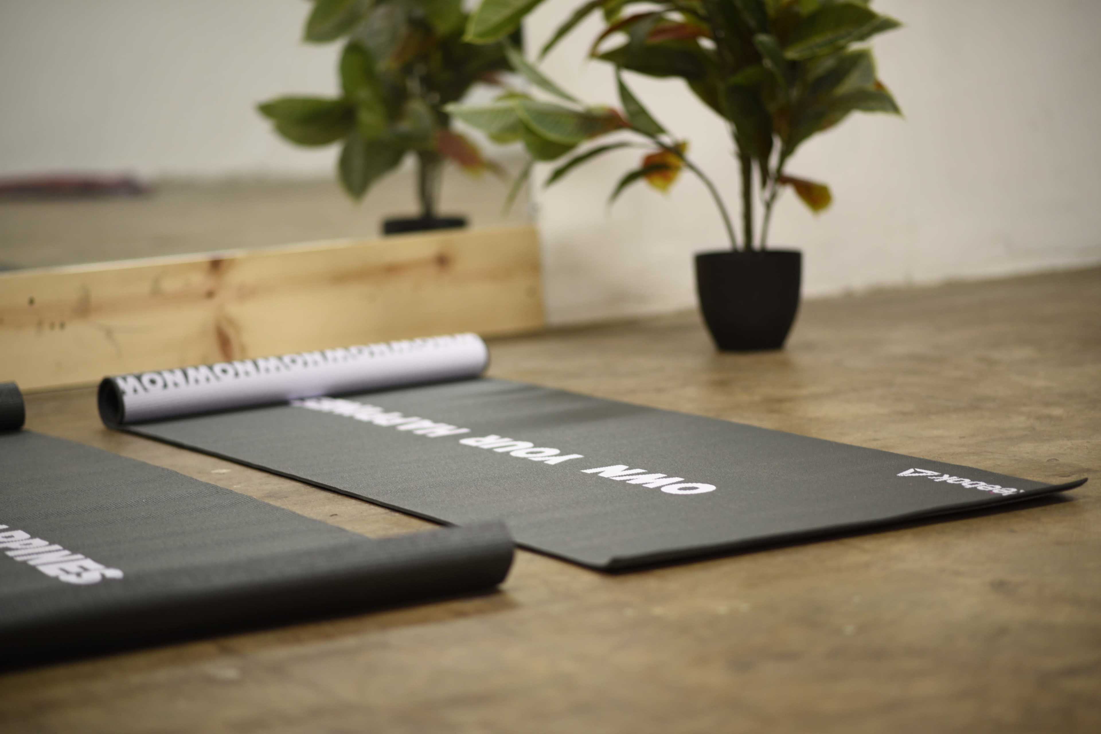 Two yoga mats are partially rolled out on a wooden floor beside a small potted plant and a mirror.