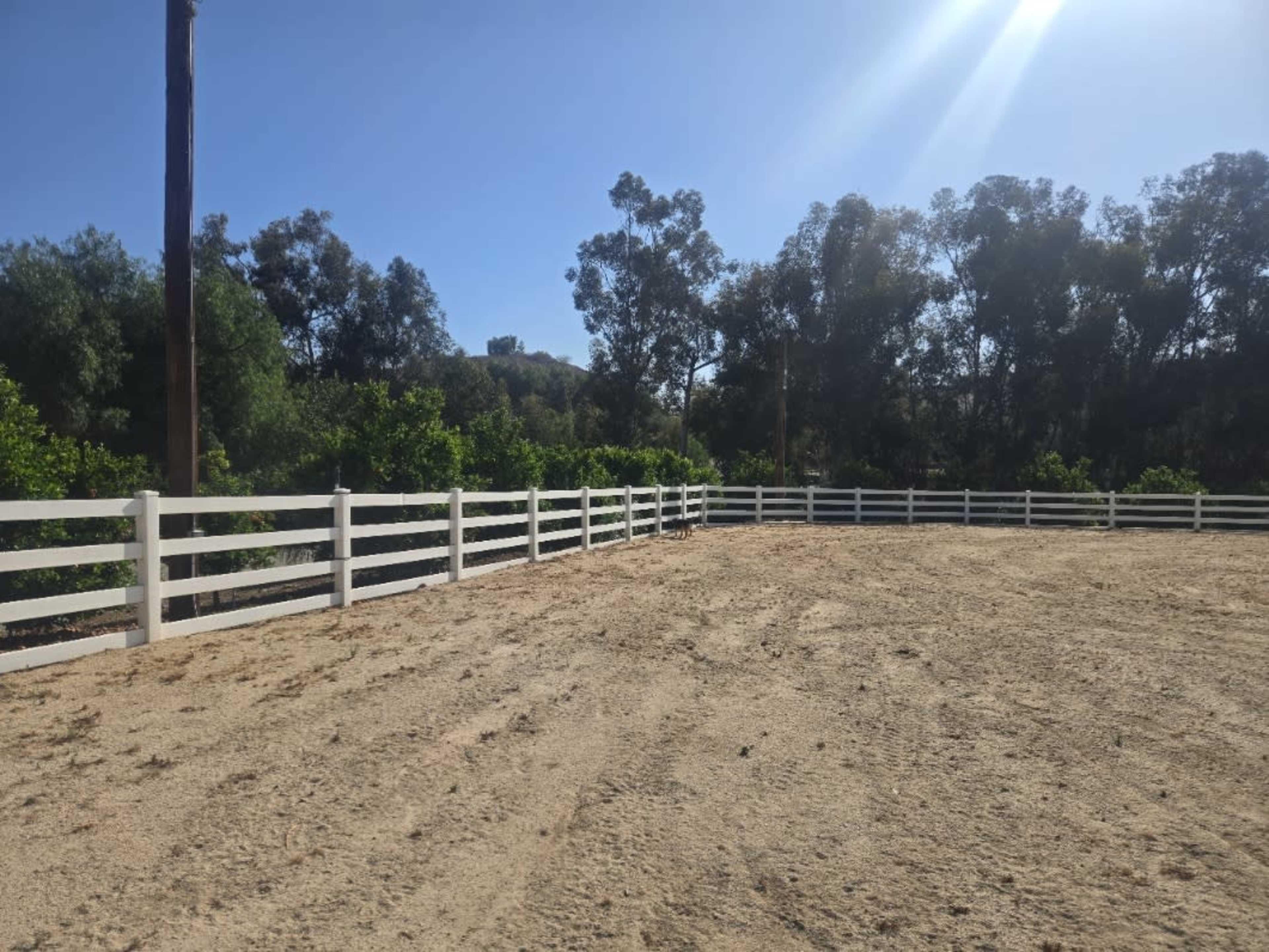 The image shows a sandy area enclosed by a white fence, bordered by trees in the background under a clear blue sky.