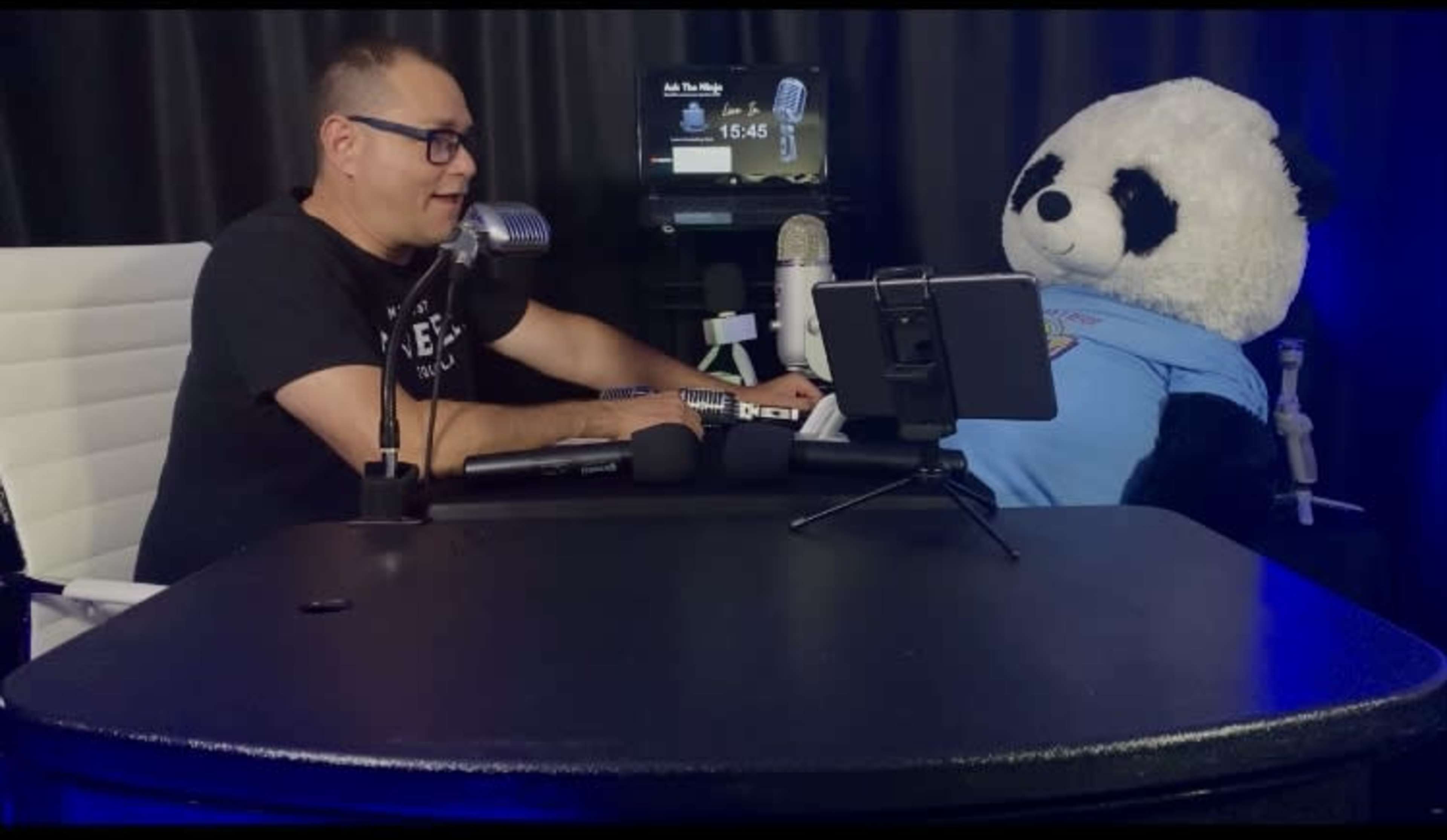 A person sits at a desk with a microphone and a panda stuffed animal wearing a blue shirt beside him.