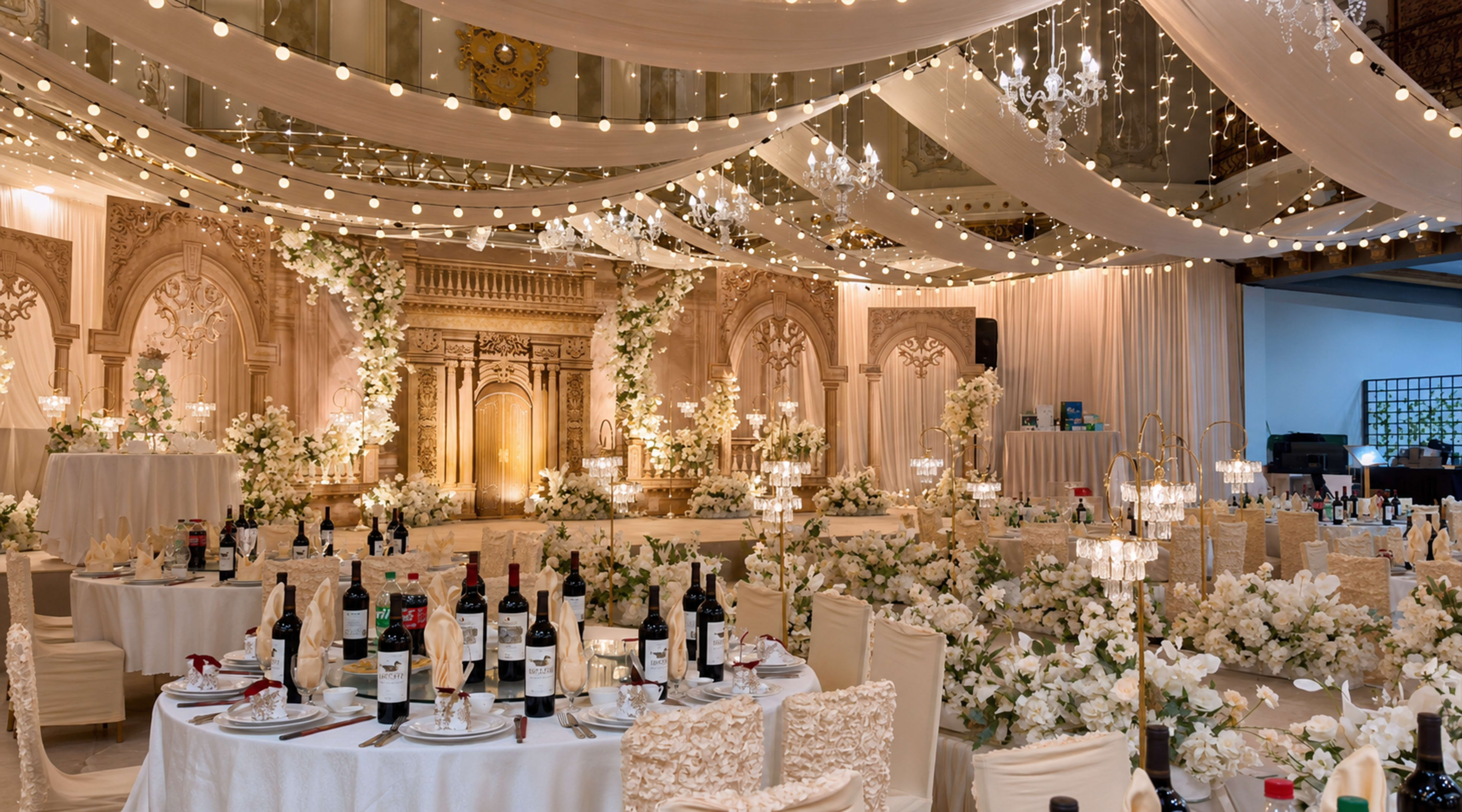 The image depicts a lavish wedding reception venue adorned with floral arrangements, elegant table settings, and cascading lights.