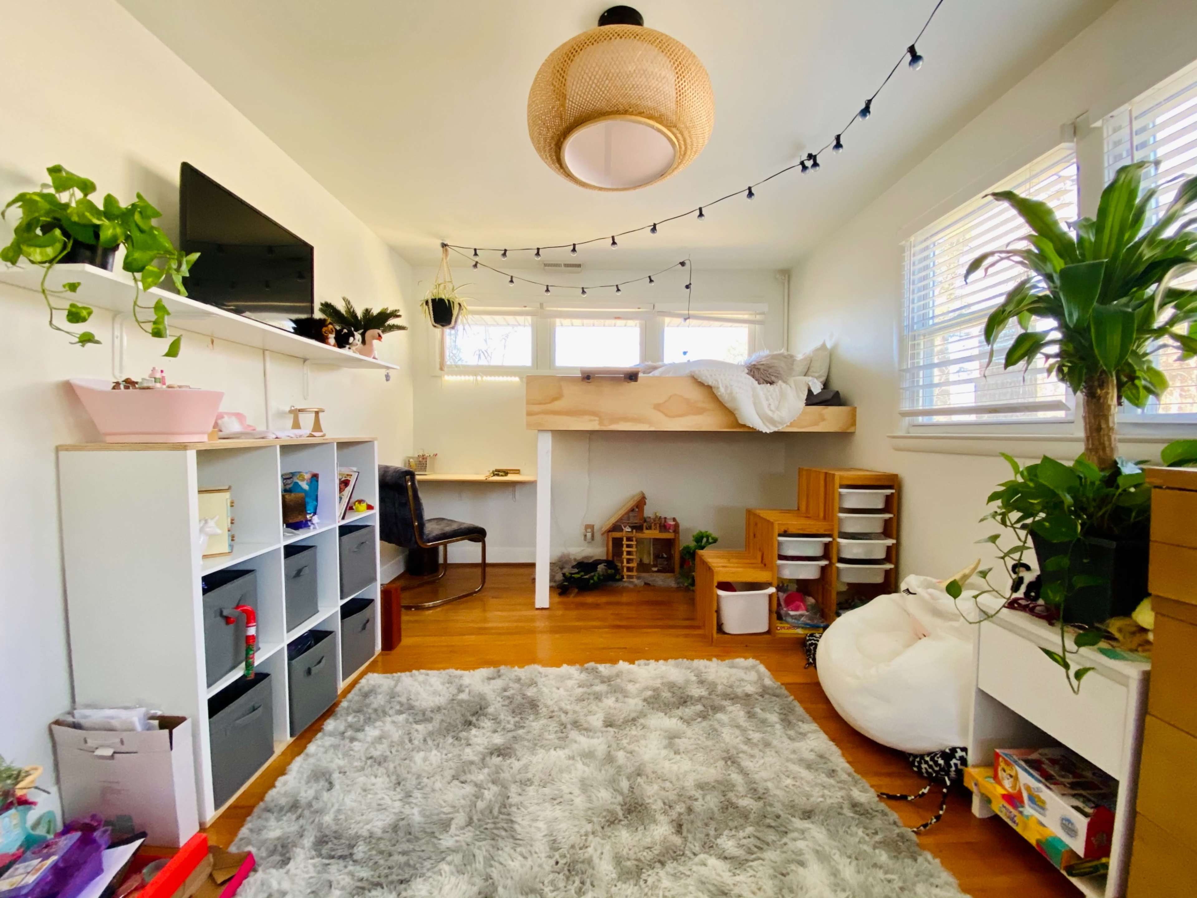 A cozy, well-organized room features a lofted bed, shelves with plants, and a plush rug on the wooden floor.
