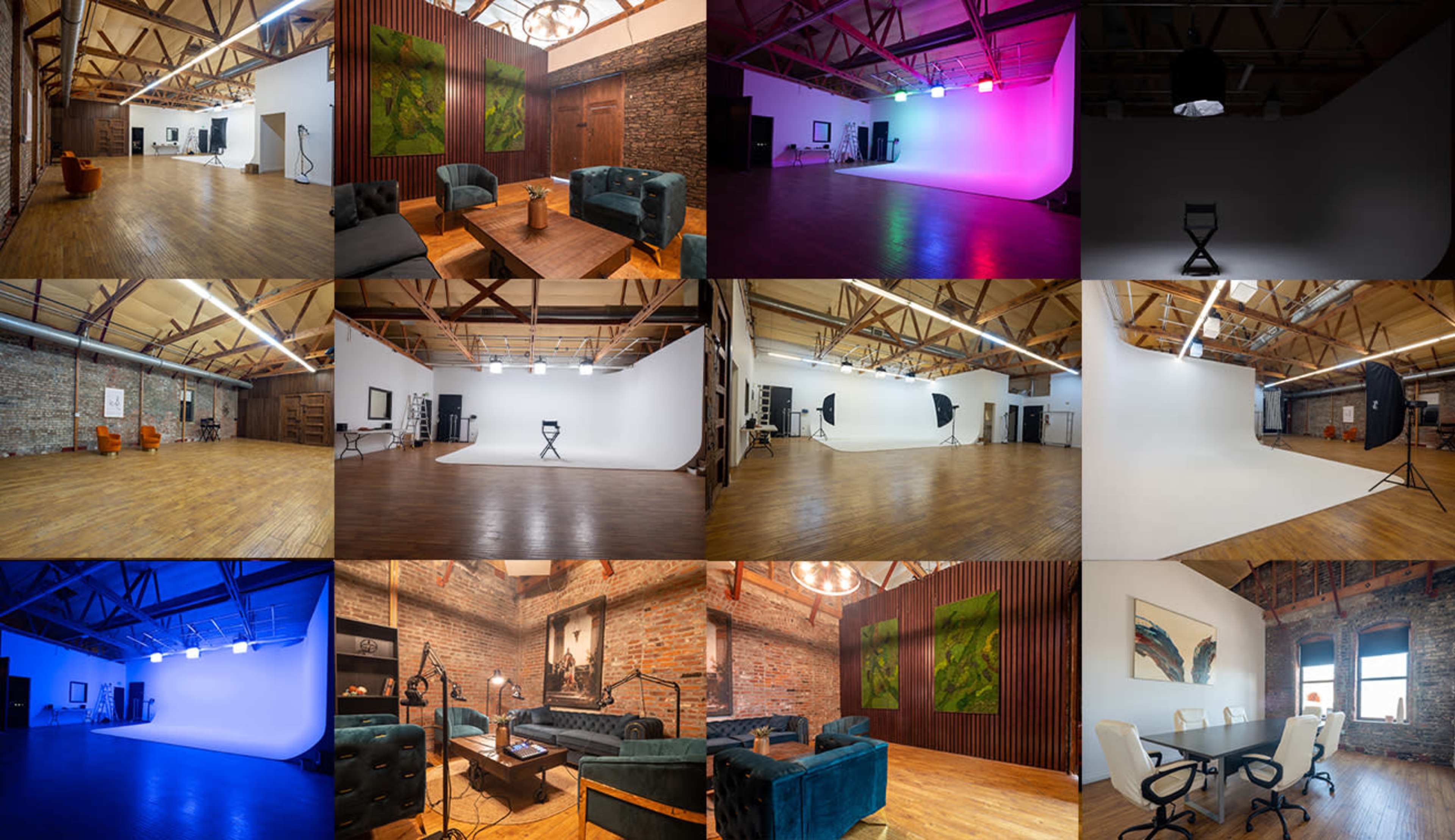 The image is a collage of various studio spaces exhibiting different backgrounds and lighting setups.