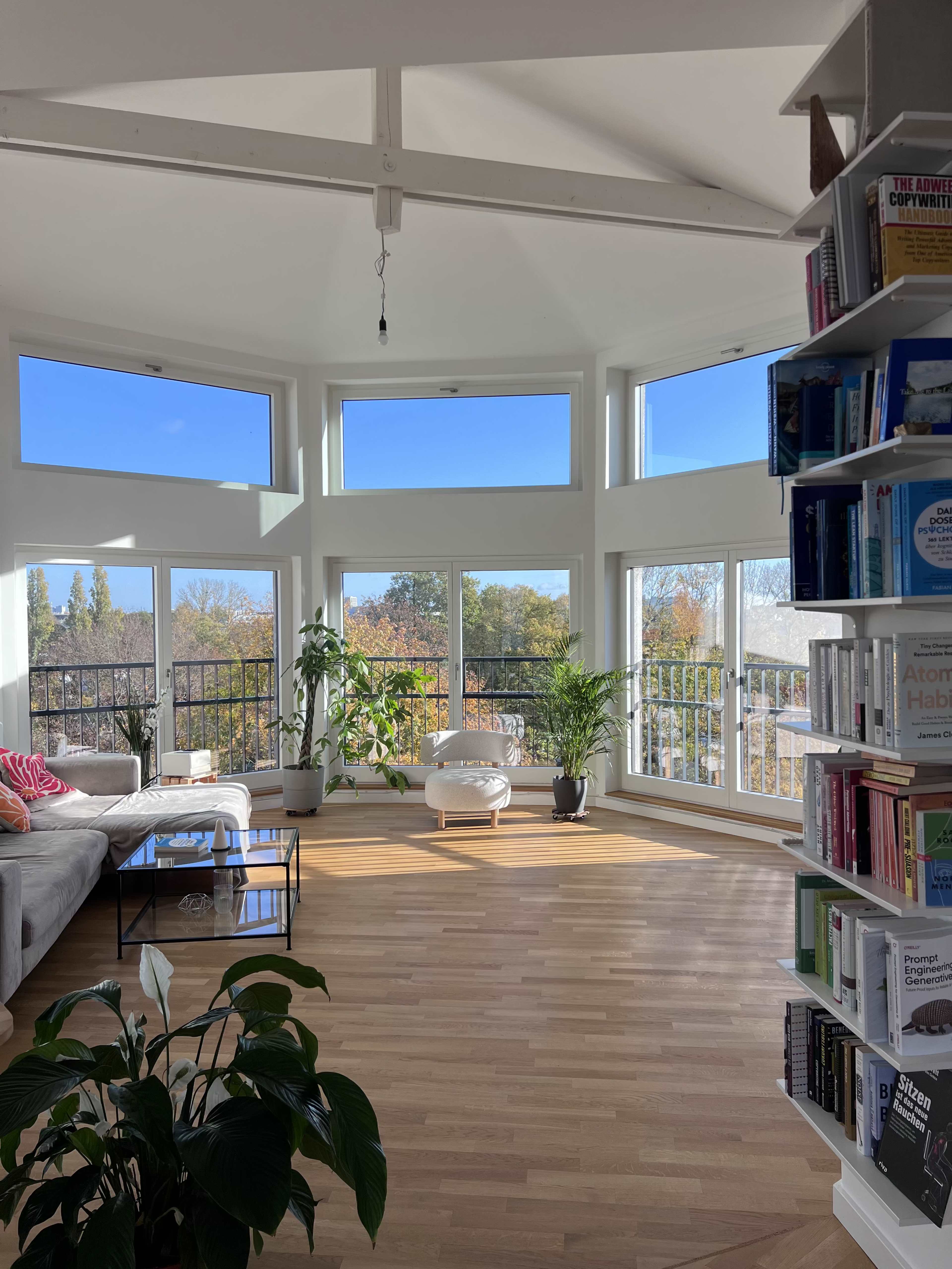 A bright, spacious room features large windows overlooking a scenic outdoor view, with a couch, potted plants, and bookshelves lining the walls.