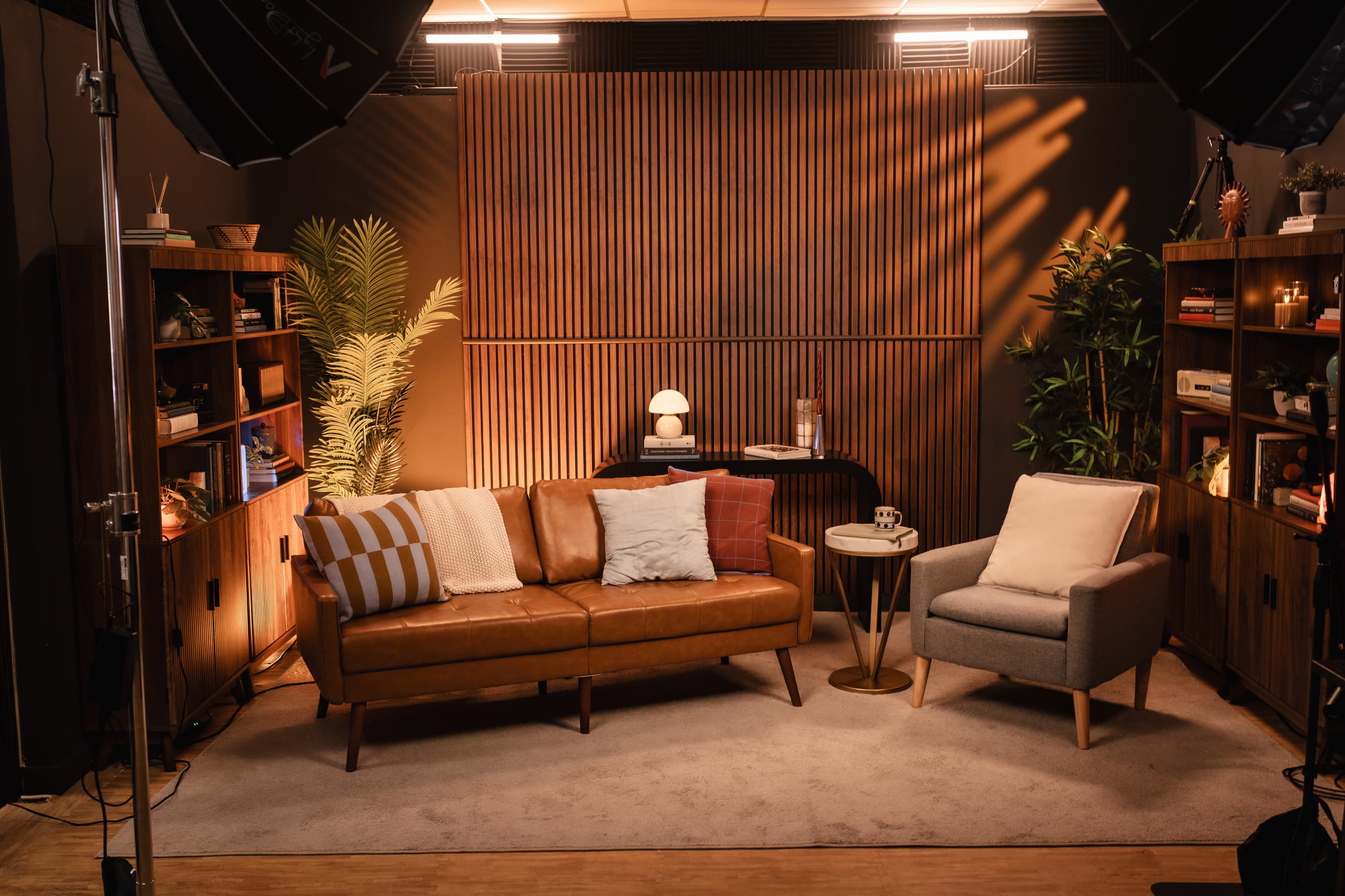 The image shows a well-lit living room setup featuring a leather couch, a gray armchair, and wooden bookshelves filled with decor and plants.