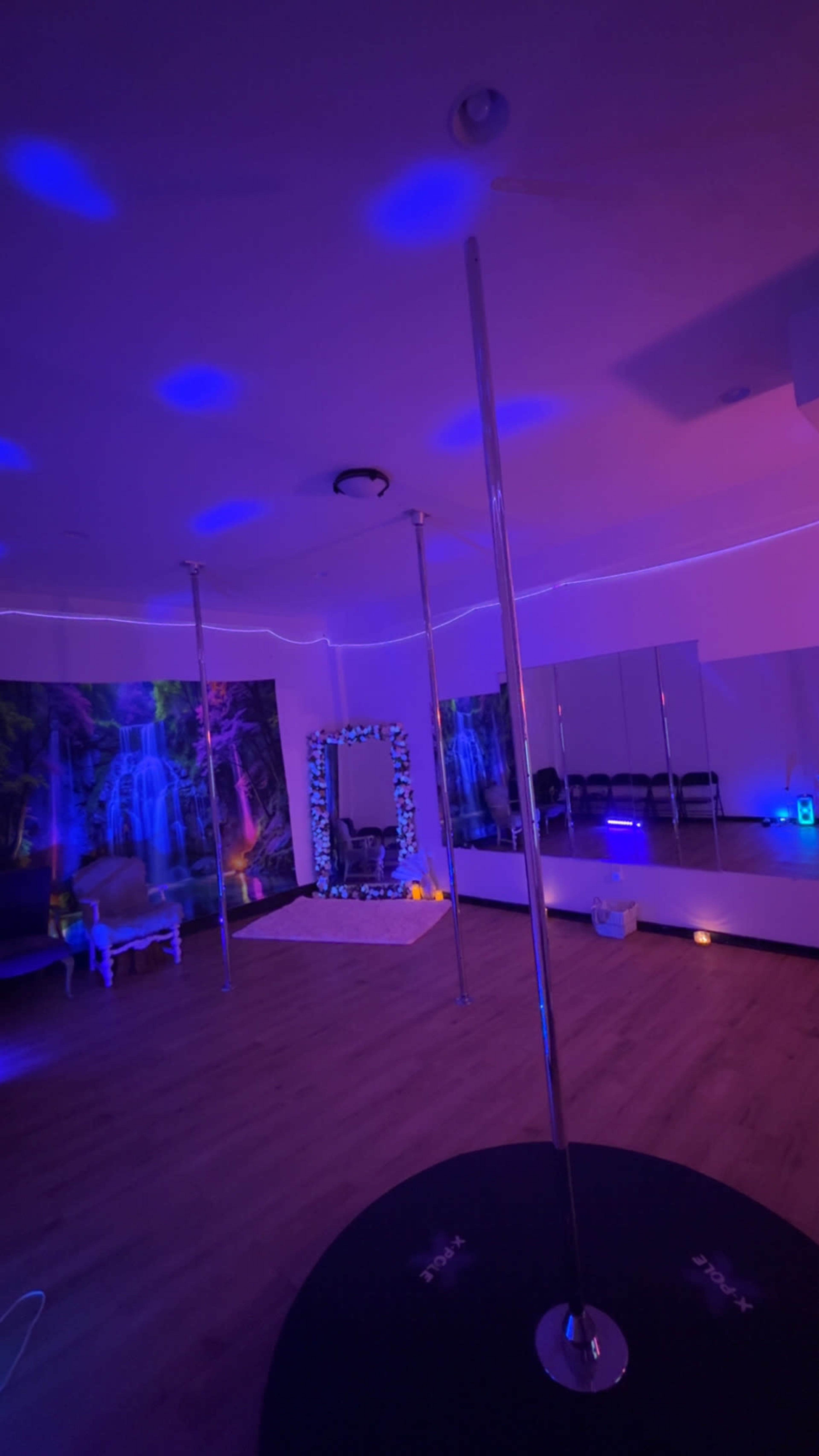 The image shows a dance studio with two vertical poles, a mirrored wall, and a backdrop featuring a waterfall, illuminated with purple and blue lighting.