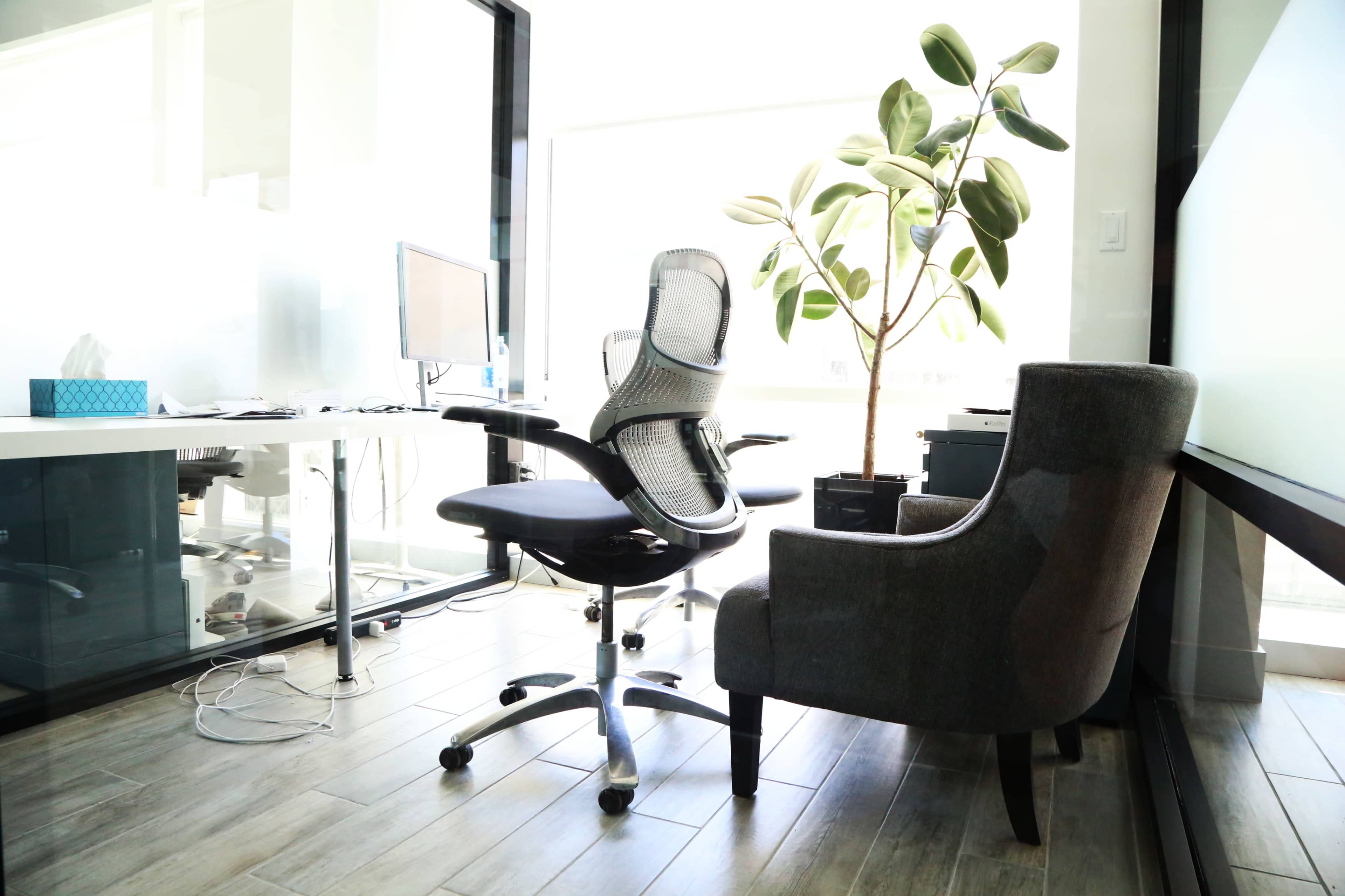 A modern office space with a desk, an ergonomic chair, and a potted plant beside an armchair.
