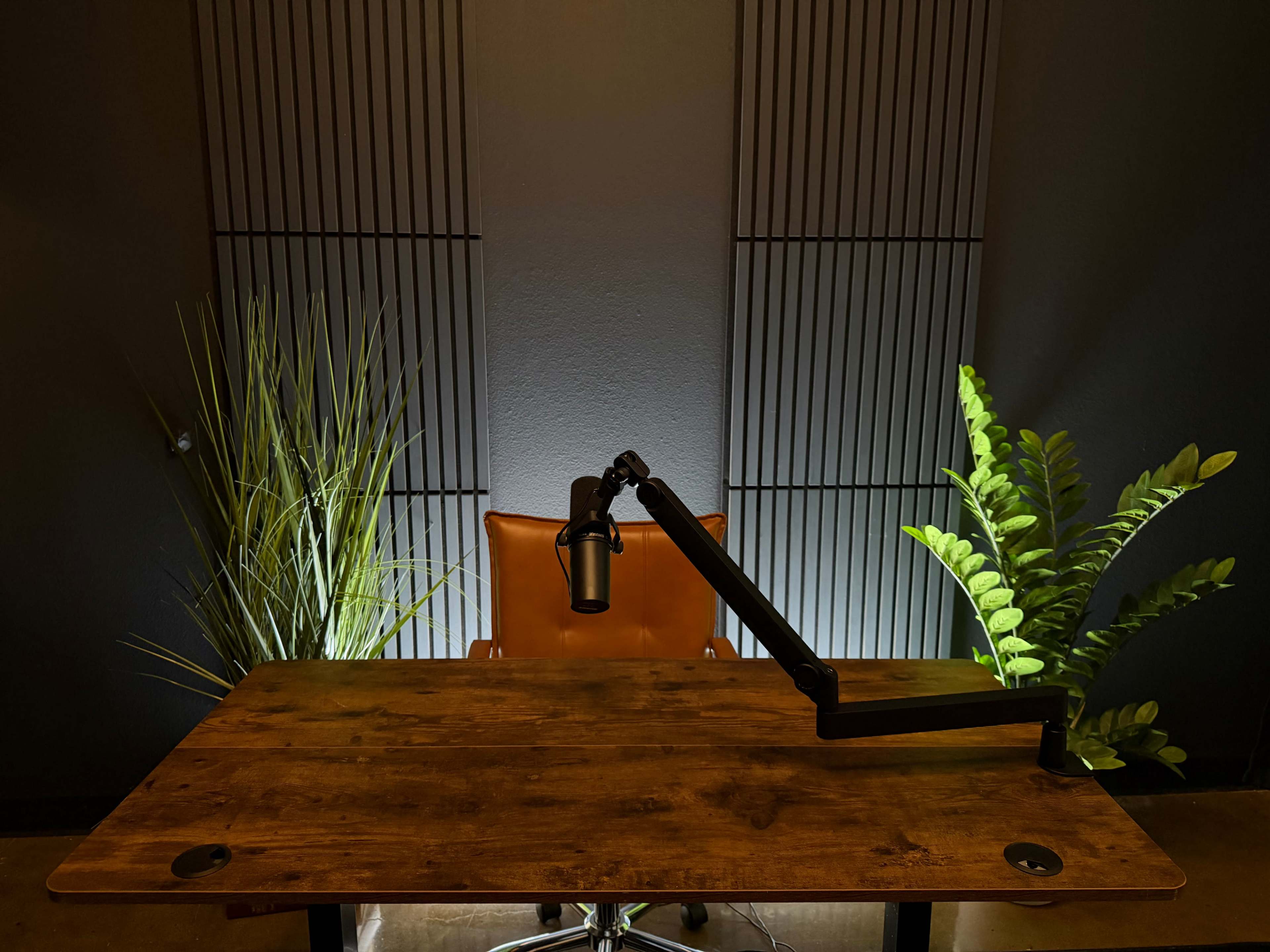 A wooden desk with a microphone on an adjustable arm is positioned in front of an orange leather chair, flanked by tall green plants against a dark backdrop.
