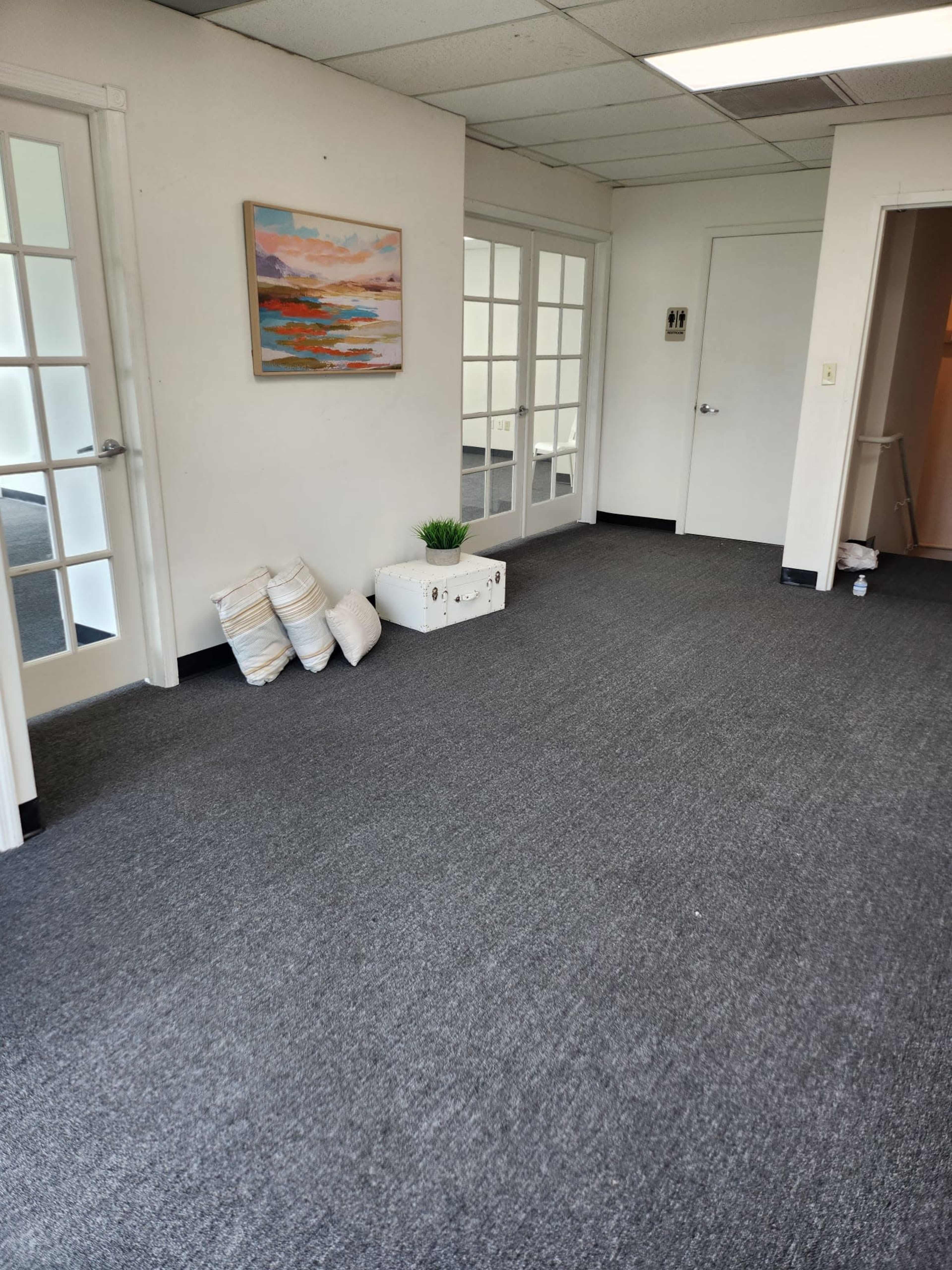 A sparsely furnished office space with gray carpet, a painting on the wall, and two glass doors leading to another room.