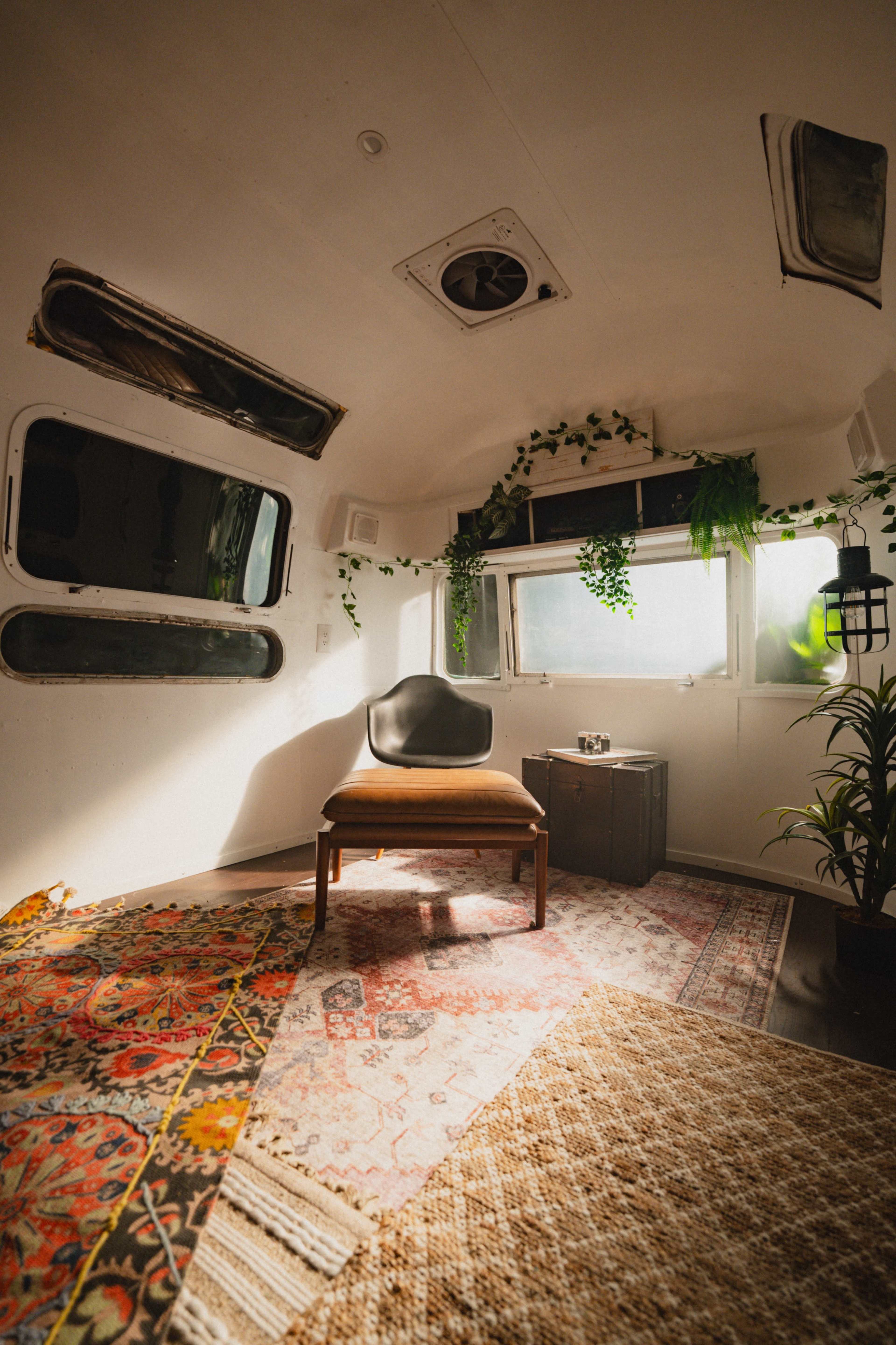 The image shows a small, bright interior space featuring a wooden chair, decorative rugs, and greenery near the windows.