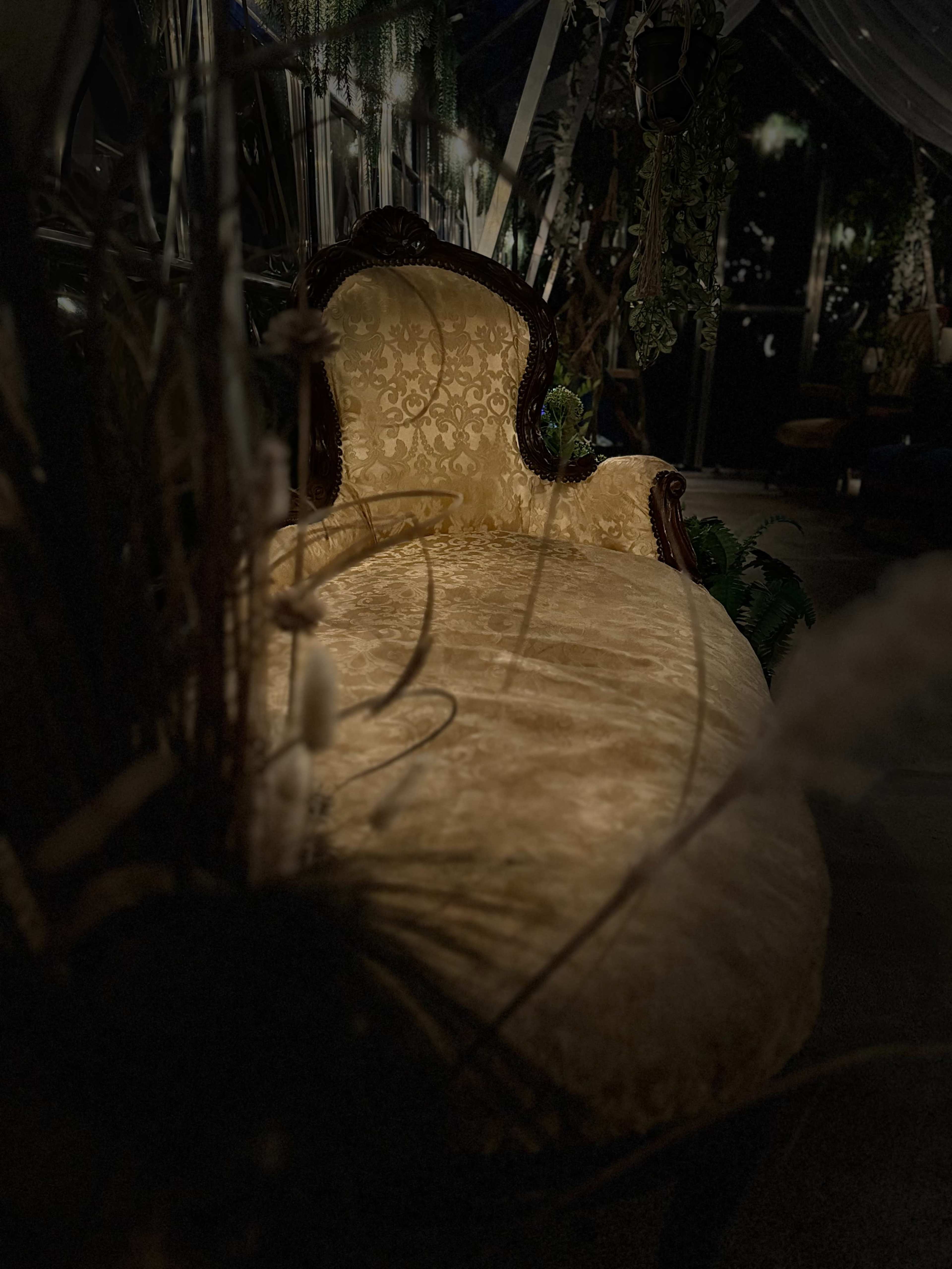 A vintage chaise lounge with ornate details sits in a dimly lit space surrounded by greenery.