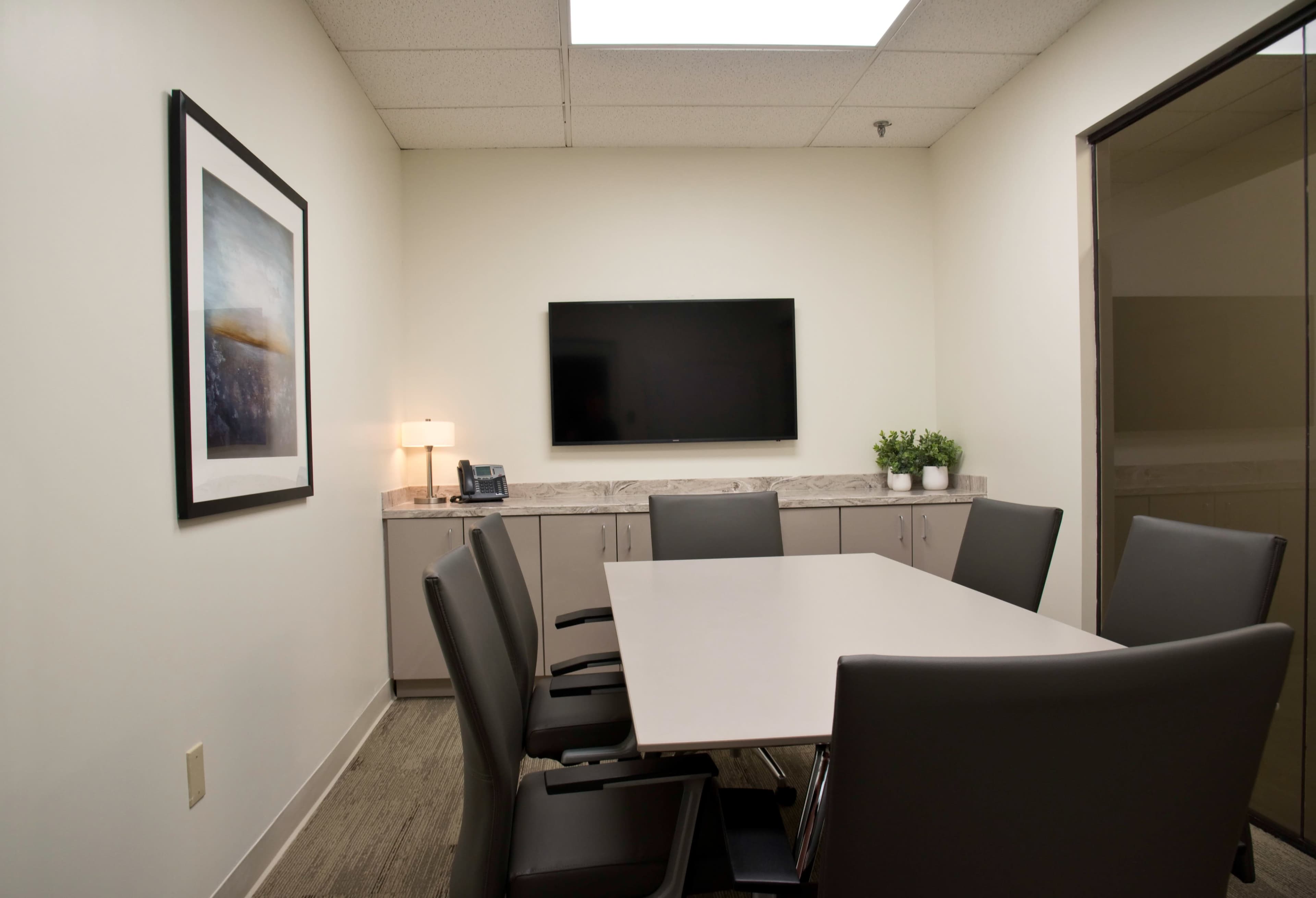 The image shows a modern conference room with a rectangular table surrounded by six chairs, a large wall-mounted television, and a cabinet with a lamp and plants.
