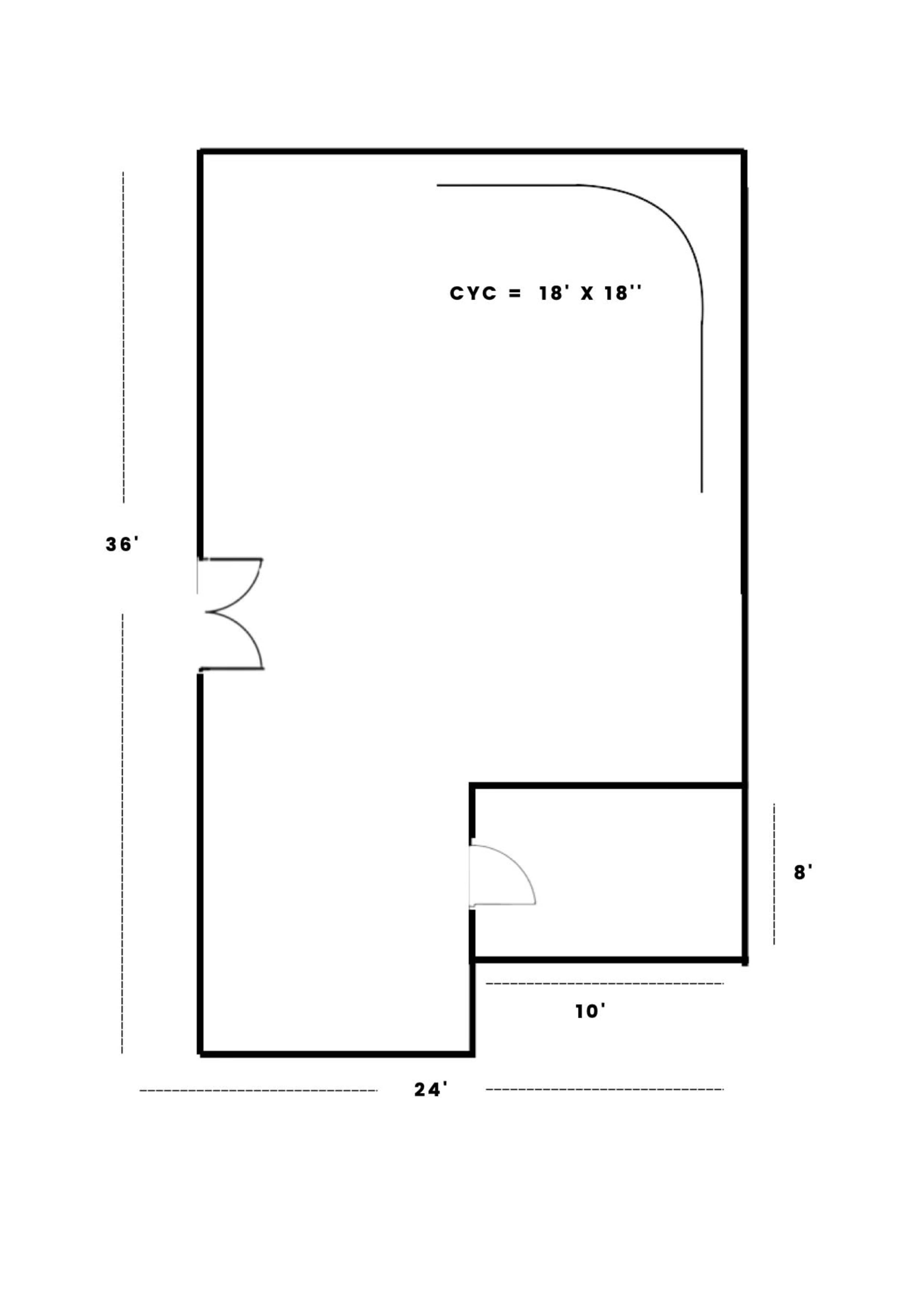The diagram shows a floor plan with dimensions labeled, including a cyc wall measuring 18 feet by 18 feet within a rectangular space measuring 36 feet by 24 feet, with an adjoining area measuring 10 feet by 8 feet.