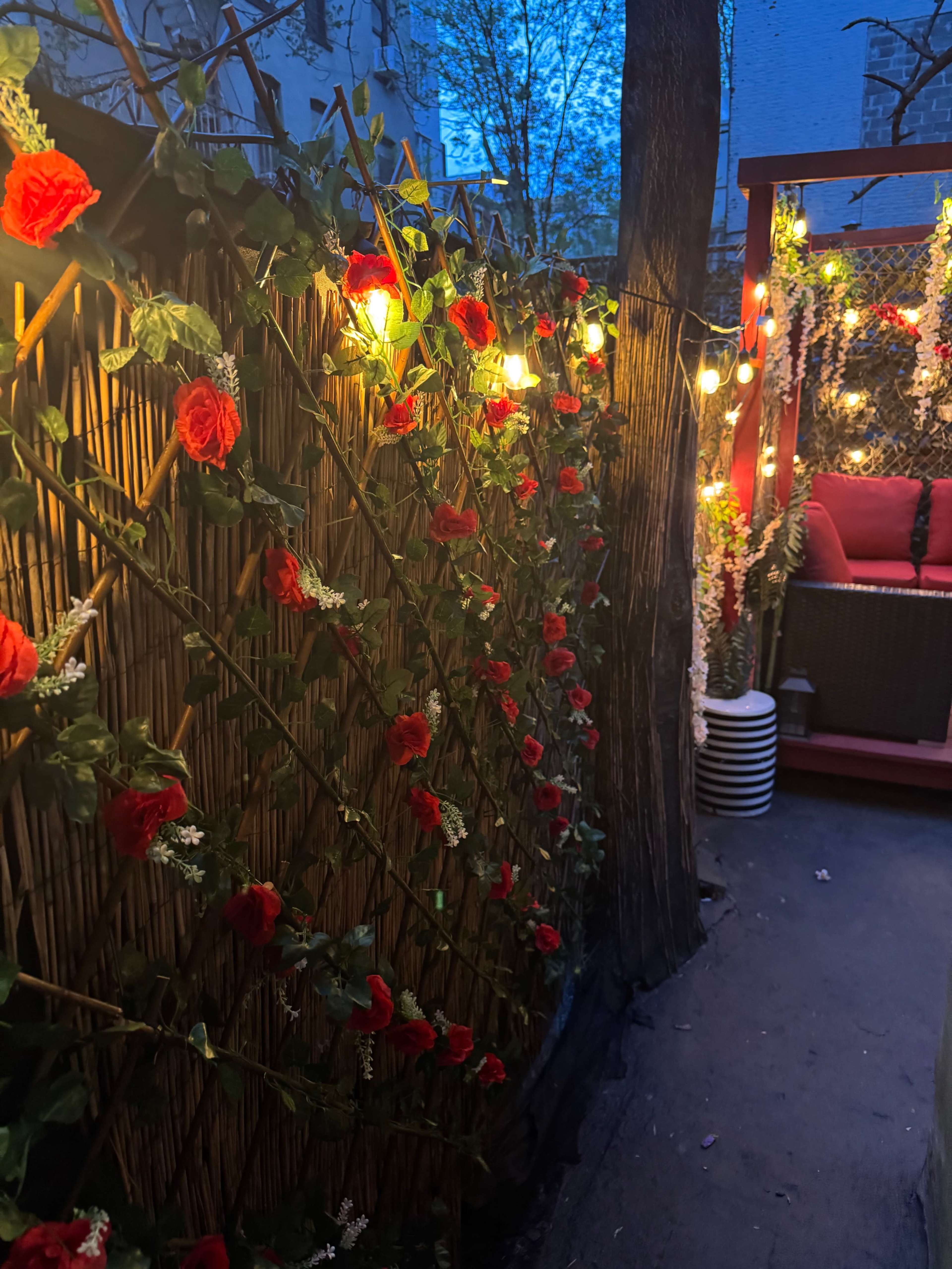 A narrow outdoor walkway is adorned with red roses and string lights, leading to a cozy seating area enclosed by a bamboo fence.
